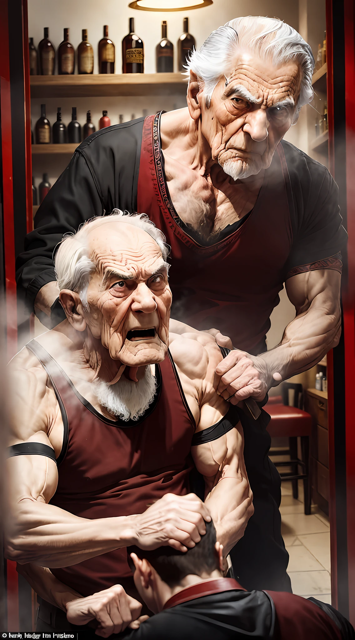 history!] The argument got more and more heated until the two brothers started cursing and pushing each other. The salon's customers were startled and started running out, afraid to get involved in the fight. It was then that one of the clients, a wise and elderly man, decided to intervene. He called the brothers