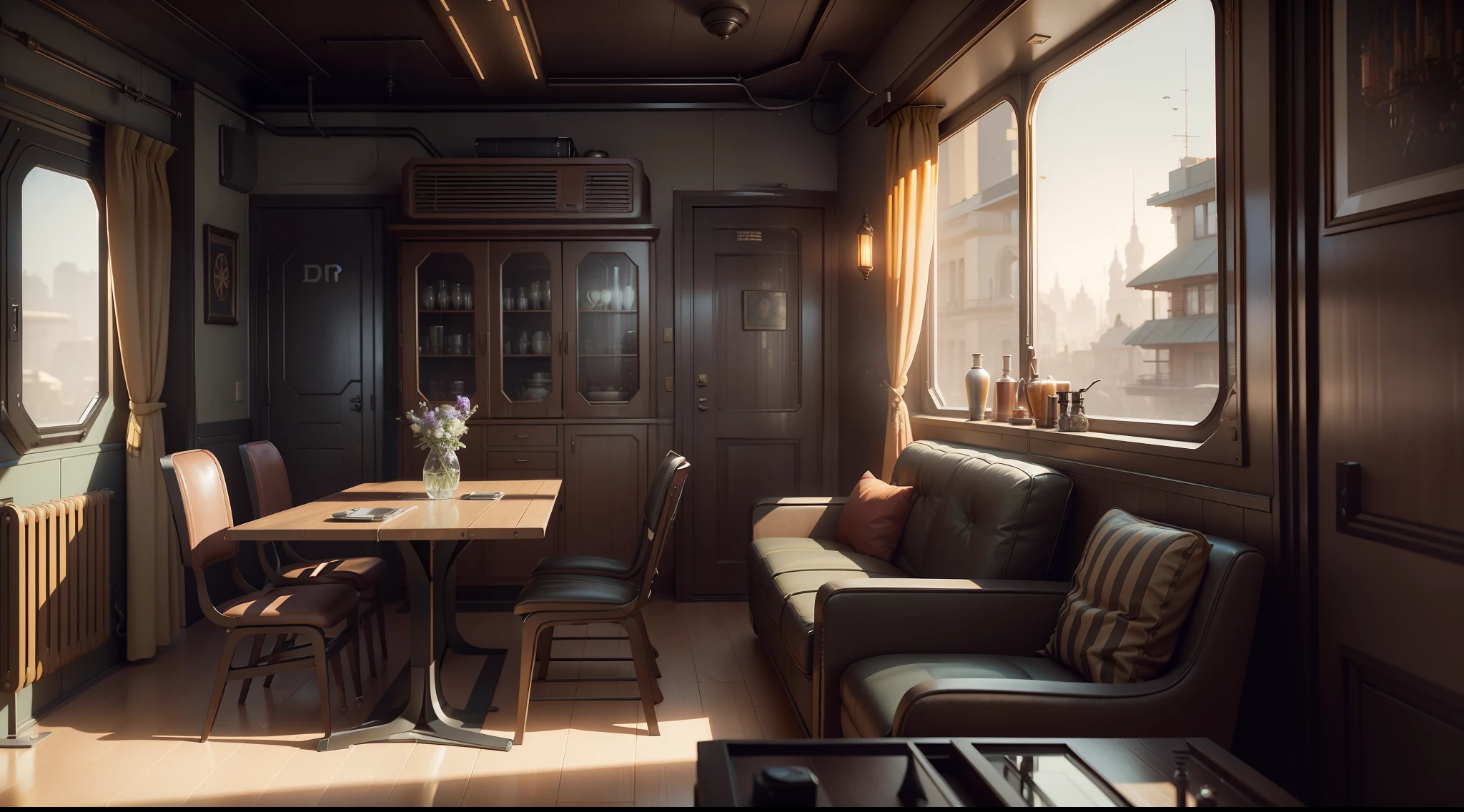 there's a table with a chair and a vase in the corner, CGSOCIETY 9, Jessica Rossier color scheme, retro dieselpunk apartment, dieselpunk. CG game, rendered in lumion pro, dieselpunk interior, octane render : :, rendered in lumion, matte painting of steam engines, from a movie 2 0 1 9 dieselpunk 8 k