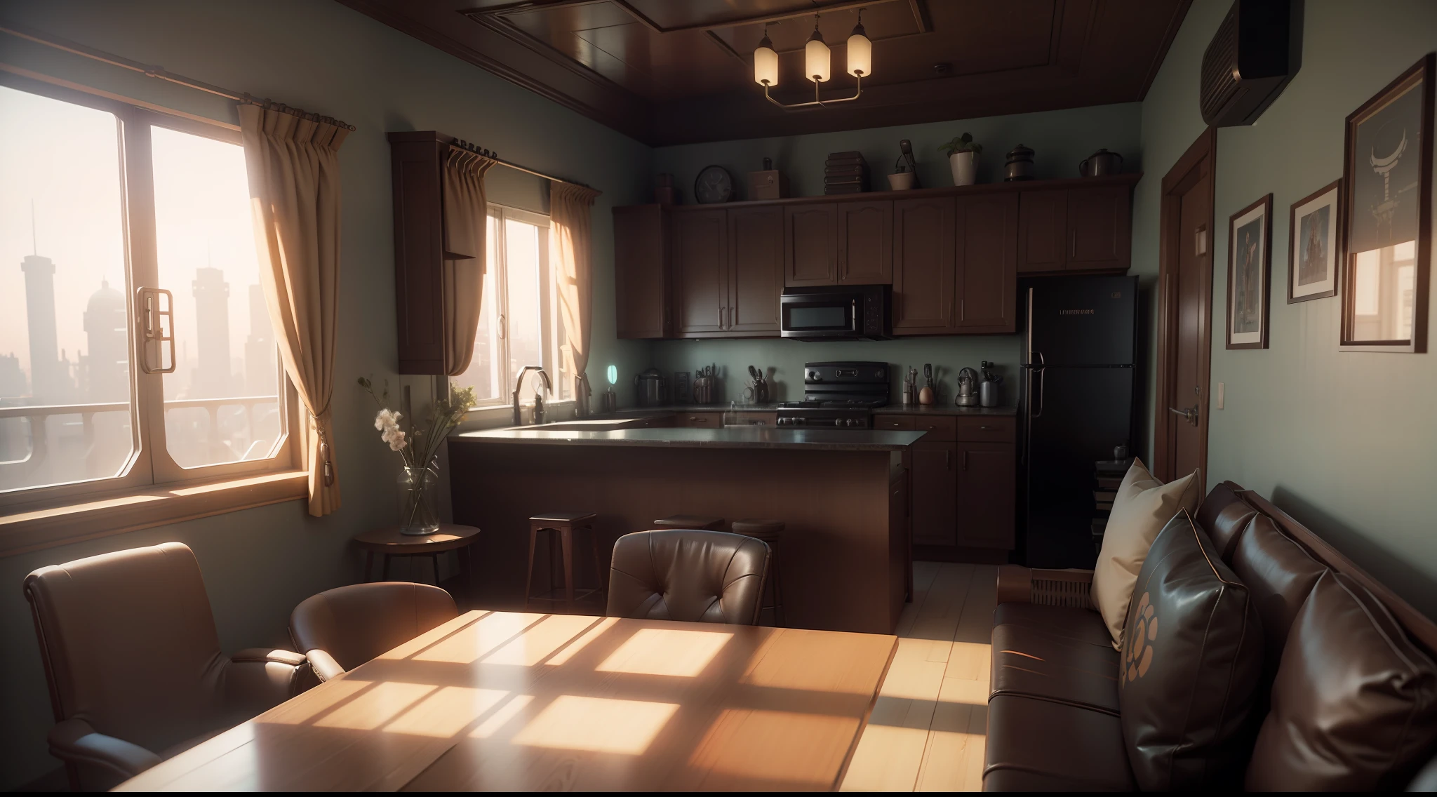 there's a table with a chair and a vase in the corner, CGSOCIETY 9, Jessica Rossier color scheme, retro dieselpunk apartment, dieselpunk. CG game, rendered in lumion pro, dieselpunk interior, octane render : :, rendered in lumion, matte painting of steam engines, from a movie 2 0 1 9 dieselpunk 8 k