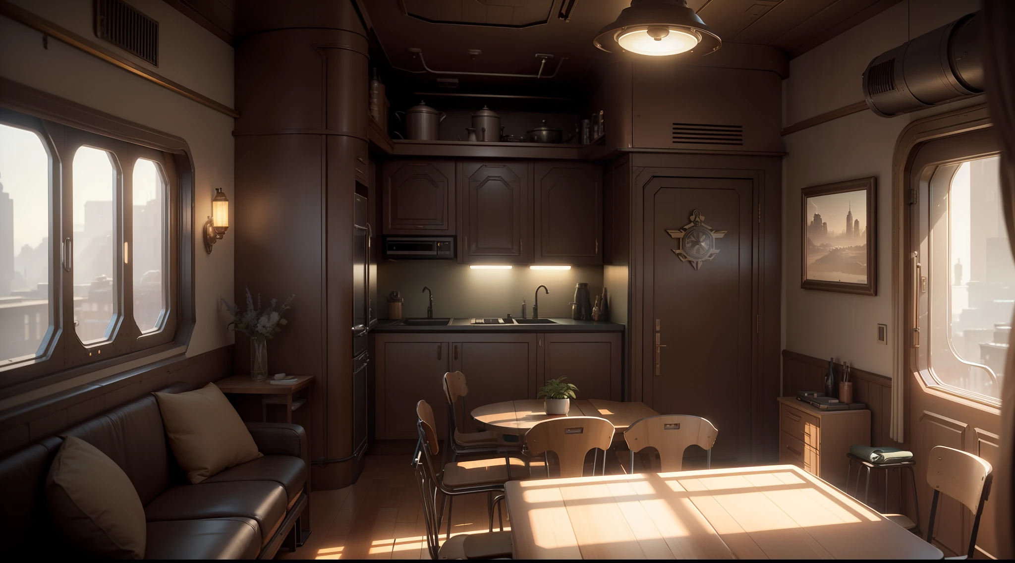 there's a table with a chair and a vase in the corner, CGSOCIETY 9, Jessica Rossier color scheme, retro dieselpunk apartment, dieselpunk. CG game, rendered in lumion pro, dieselpunk interior, octane render : :, rendered in lumion, matte painting of steam engines, from a movie 2 0 1 9 dieselpunk 8 k