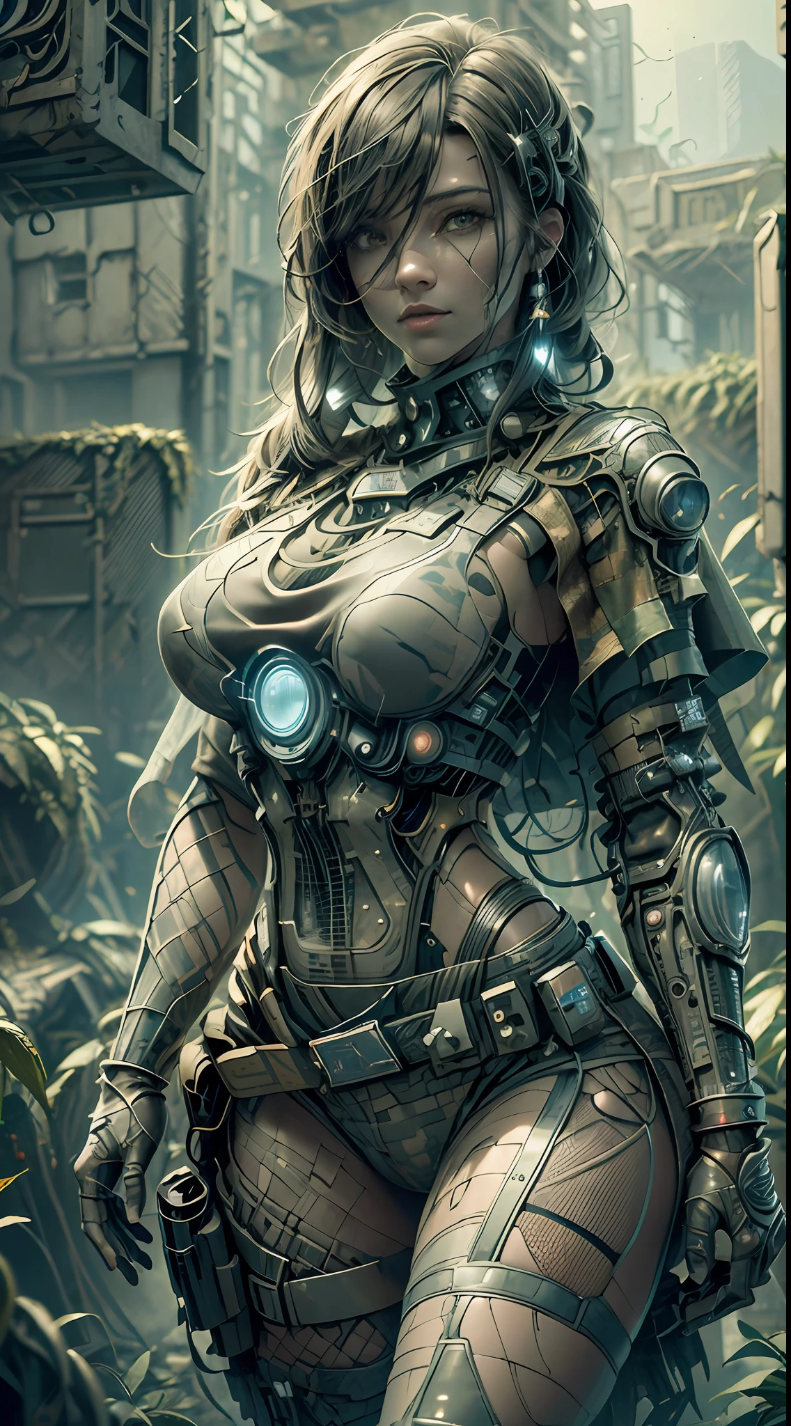 ((Best quality)), ((masterpiece)), (highly detailed:1.3), 3D, beautiful (cyberpunk:1.2) special forces, robort,female with thick voluminous hair wearing (wearing camouflage_uniform:1.1), body armour,cape,digital (camouflage:1.3),HDR (High Dynamic Range),Ray Tracing,NVIDIA RTX,Super-Resolution,Unreal 5,Subsurface scattering,PBR Texturing,Post-processing,Anisotropic Filtering,Depth-of-field,Maximum clarity and sharpness,Multi-layered textures,Albedo and Specular maps,Surface shading,Accurate simulation of light-material interaction,Perfect proportions,Octane Render,Two-tone lighting,Wide aperture,Low ISO,White balance,Rule of thirds,8K RAW,Efficient Sub-Pixel,sub-pixel convolution