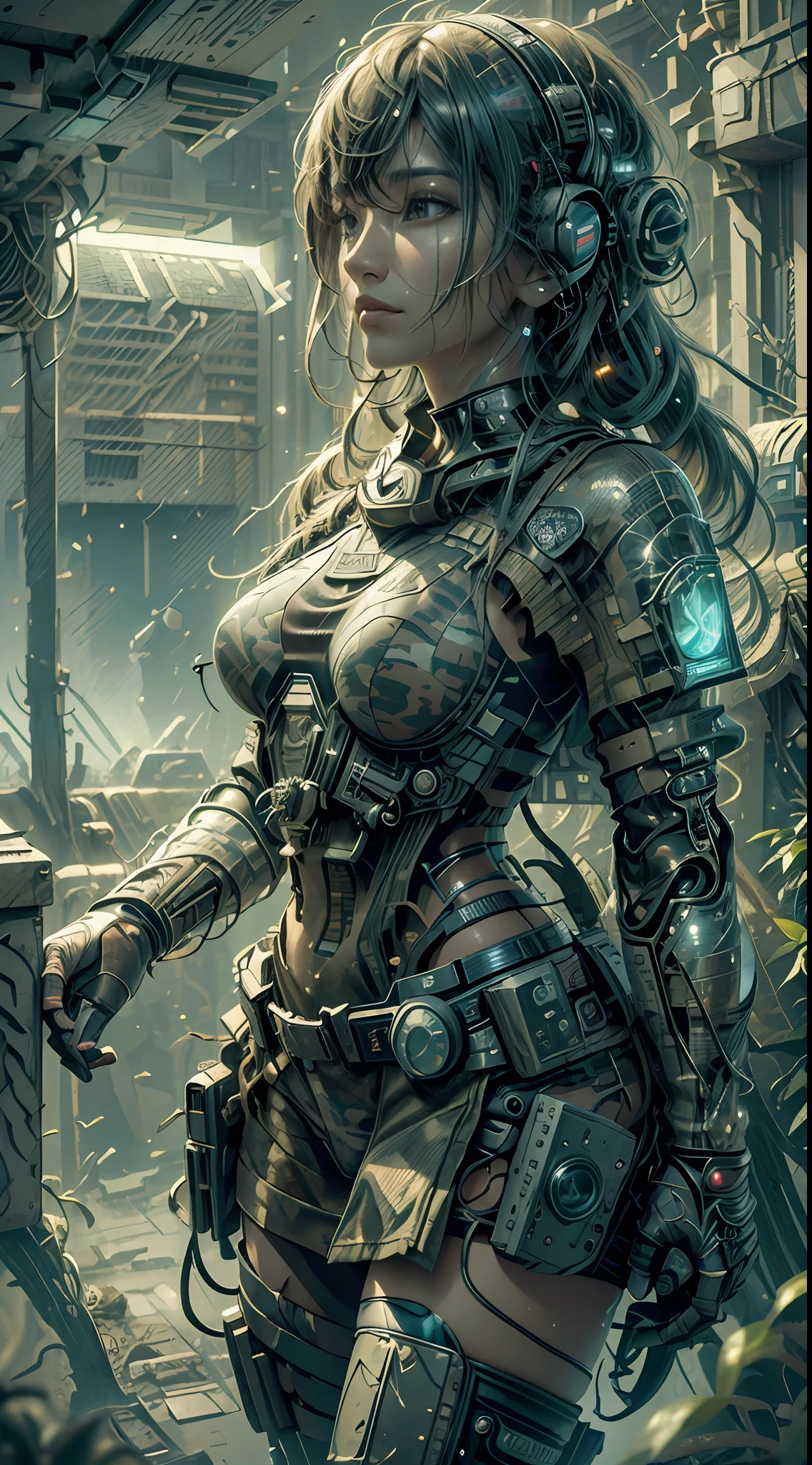 ((Best quality)), ((masterpiece)), (highly detailed:1.3), 3D, beautiful (cyberpunk:1.2) special forces, robort,female with thick voluminous hair wearing (wearing camouflage_uniform:1.1), body armour,cape,digital (camouflage:1.3),HDR (High Dynamic Range),Ray Tracing,NVIDIA RTX,Super-Resolution,Unreal 5,Subsurface scattering,PBR Texturing,Post-processing,Anisotropic Filtering,Depth-of-field,Maximum clarity and sharpness,Multi-layered textures,Albedo and Specular maps,Surface shading,Accurate simulation of light-material interaction,Perfect proportions,Octane Render,Two-tone lighting,Wide aperture,Low ISO,White balance,Rule of thirds,8K RAW,Efficient Sub-Pixel,sub-pixel convolution