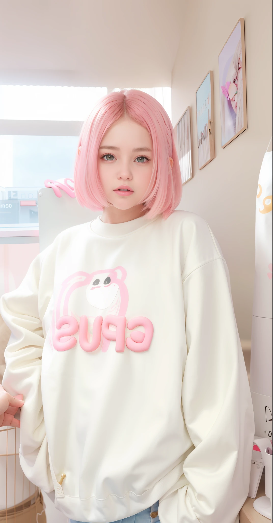Photo Realistic, Realistic. 1girl realistic, skin realistic, araffed woman with a white sweatshirt with a pink heart on it, ruan cute vtuber, 2 d cg, trending at cgstation, 👅 👅, cute girl, uwu, e - girl, e-girl, cute cartoon style, ulzzang, y 2 k cutecore clowncore, candid, white trendy clothes, cute casual streetwear, detailed eye makeup, puffy eyes, solo, sharp focus, volumetric fog, 8k uhd, dslr, high quality, film grain, photorealism, lomography