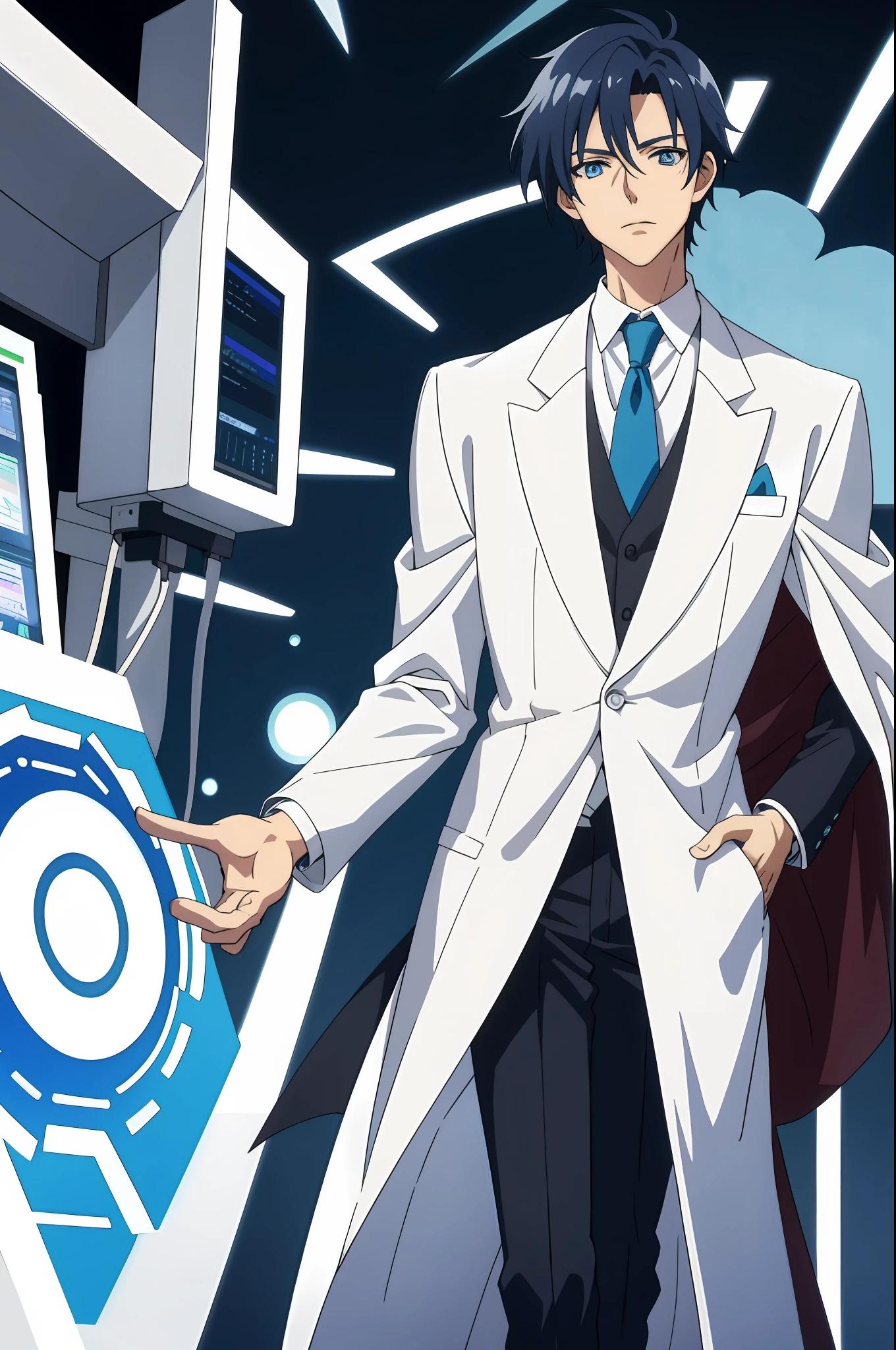 Anime man in white suit and tie standing in front of computer, tall anime guy with blue eyes, man with wild feeling from anime, official art, Jinyo Hirase