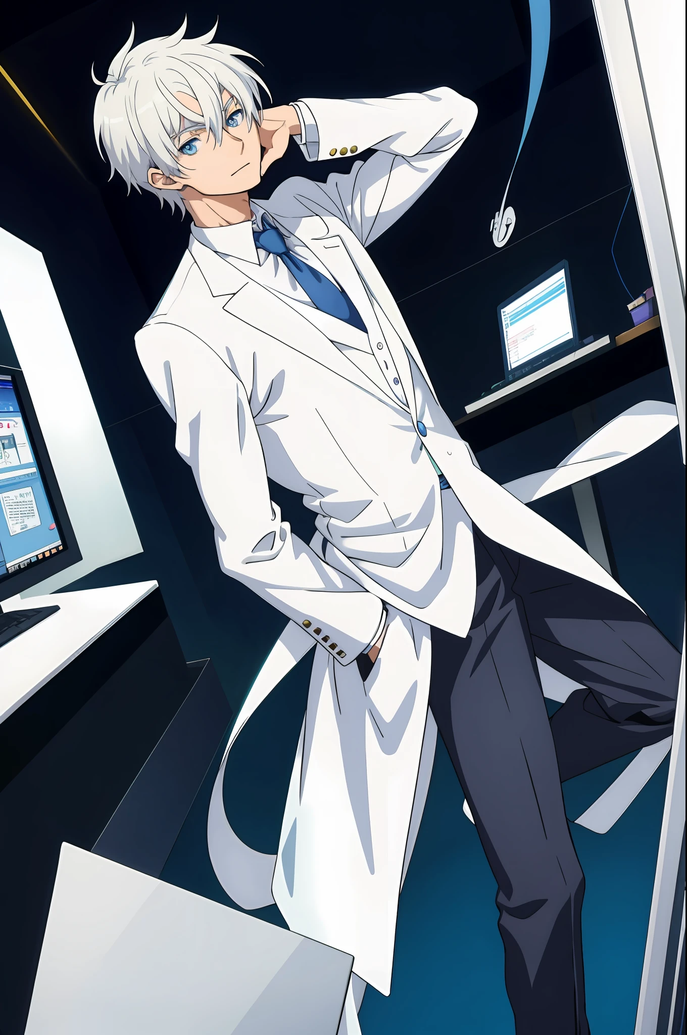 Anime man in white suit and tie standing in front of computer, tall anime guy with blue eyes, man with wild feeling from anime, official art, Jinyo Hirase