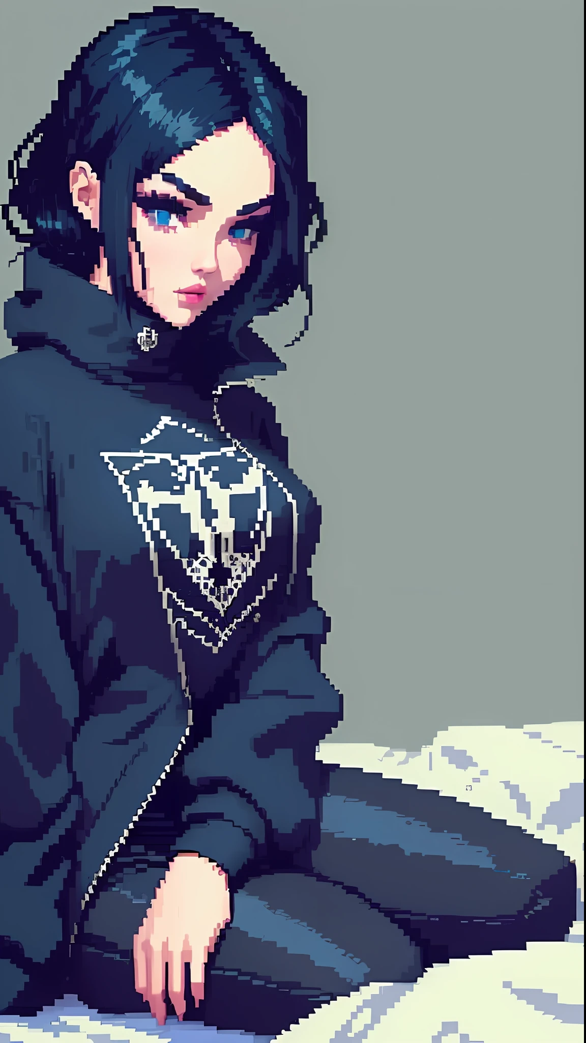 (pixelart: 1.2), beautiful gothic women, sexy goth girl, designer sweatshirt coat with logos, pants, short black hair with blue tips, bedroom, on top of bed, wariza, (by Isaac quek: 0.8) [by Ilya Kuvshinov: 0.65]