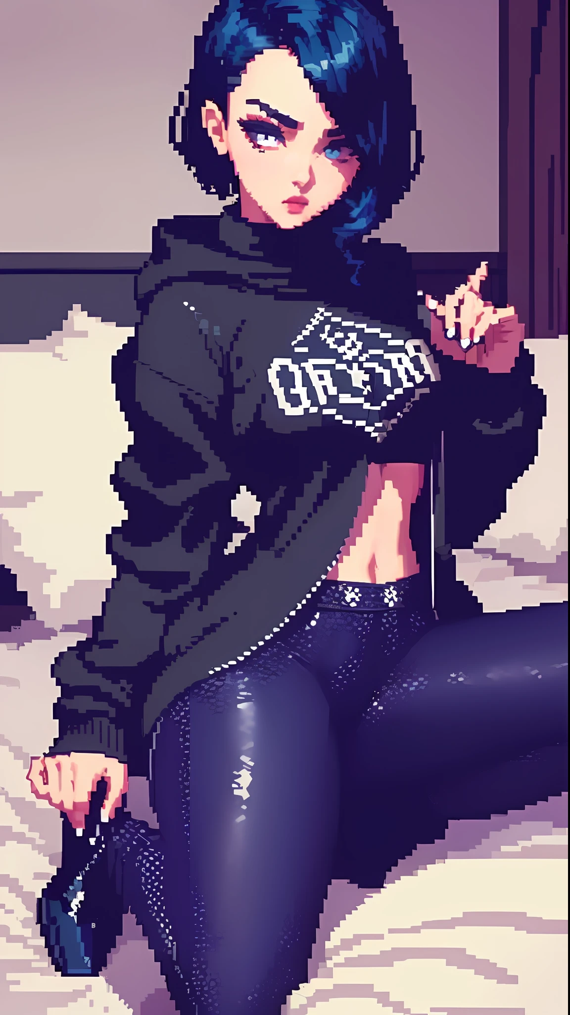 (pixelart: 1.2), beautiful gothic women, sexy goth girl, designer sweatshirt coat with logos, pants, short black hair with blue tips, bedroom, on top of bed, wariza, (by Isaac quek: 0.8) [by Ilya Kuvshinov: 0.65]