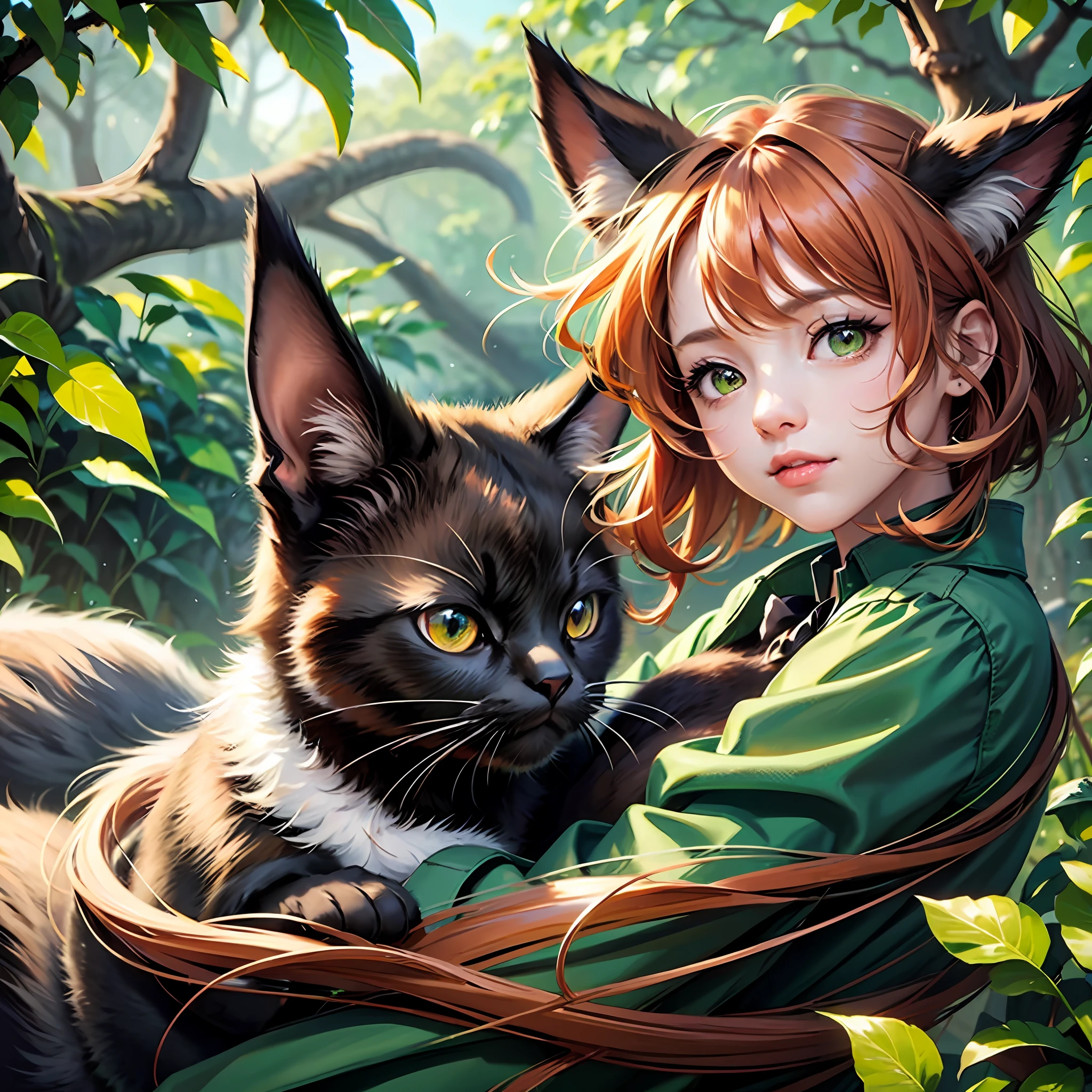 (2cats:1.3), (2animals:1.3), ((black cat with brown eyes)), ((ginger cat with green eyes)), (hugging:1.2), wonderful atmosphere, cute vibe, magic dust
