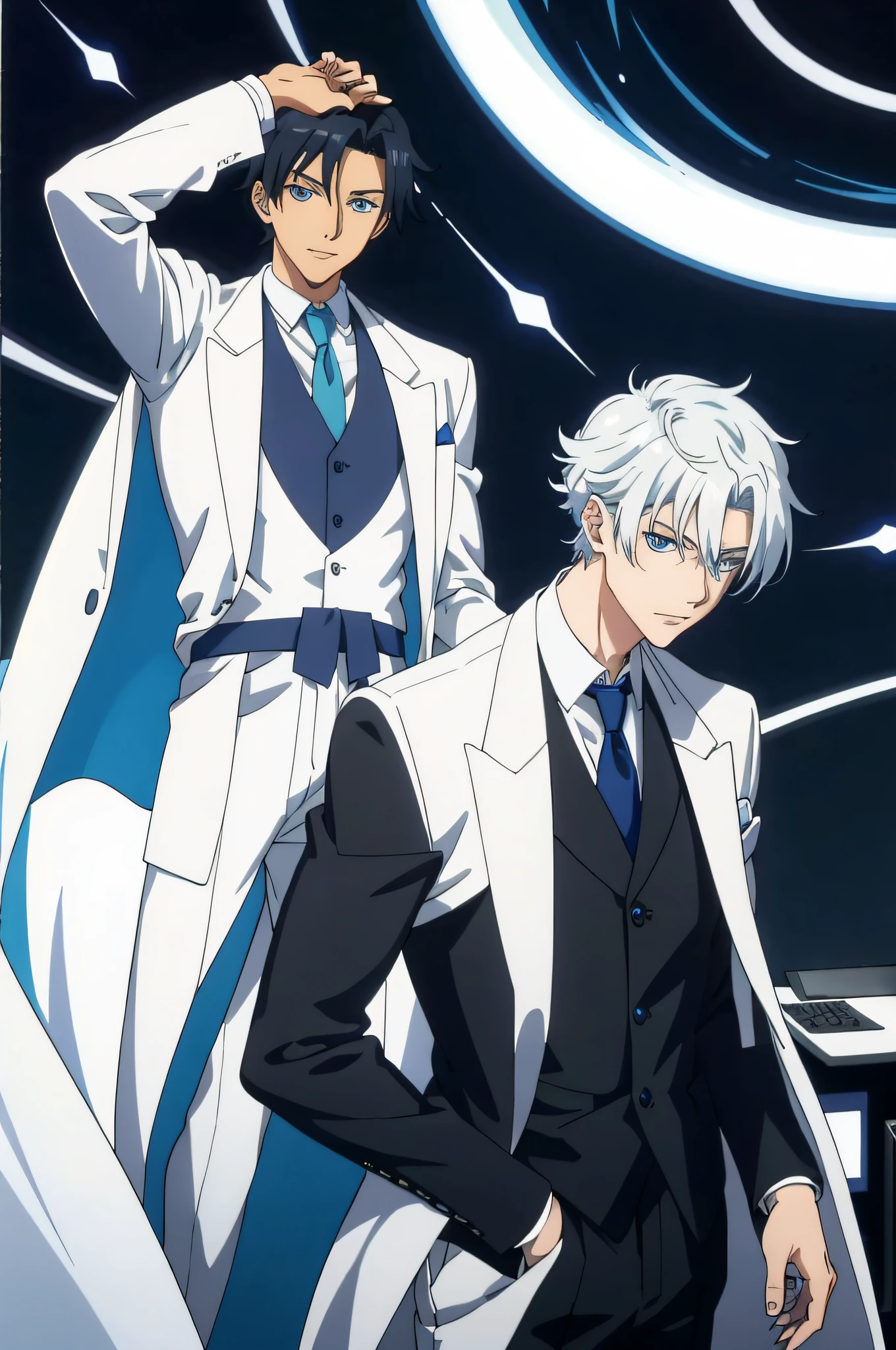 Anime man in white suit and tie standing in front of computer, tall anime guy with blue eyes, man with wild feeling from anime, official art, Jinyo Hirase