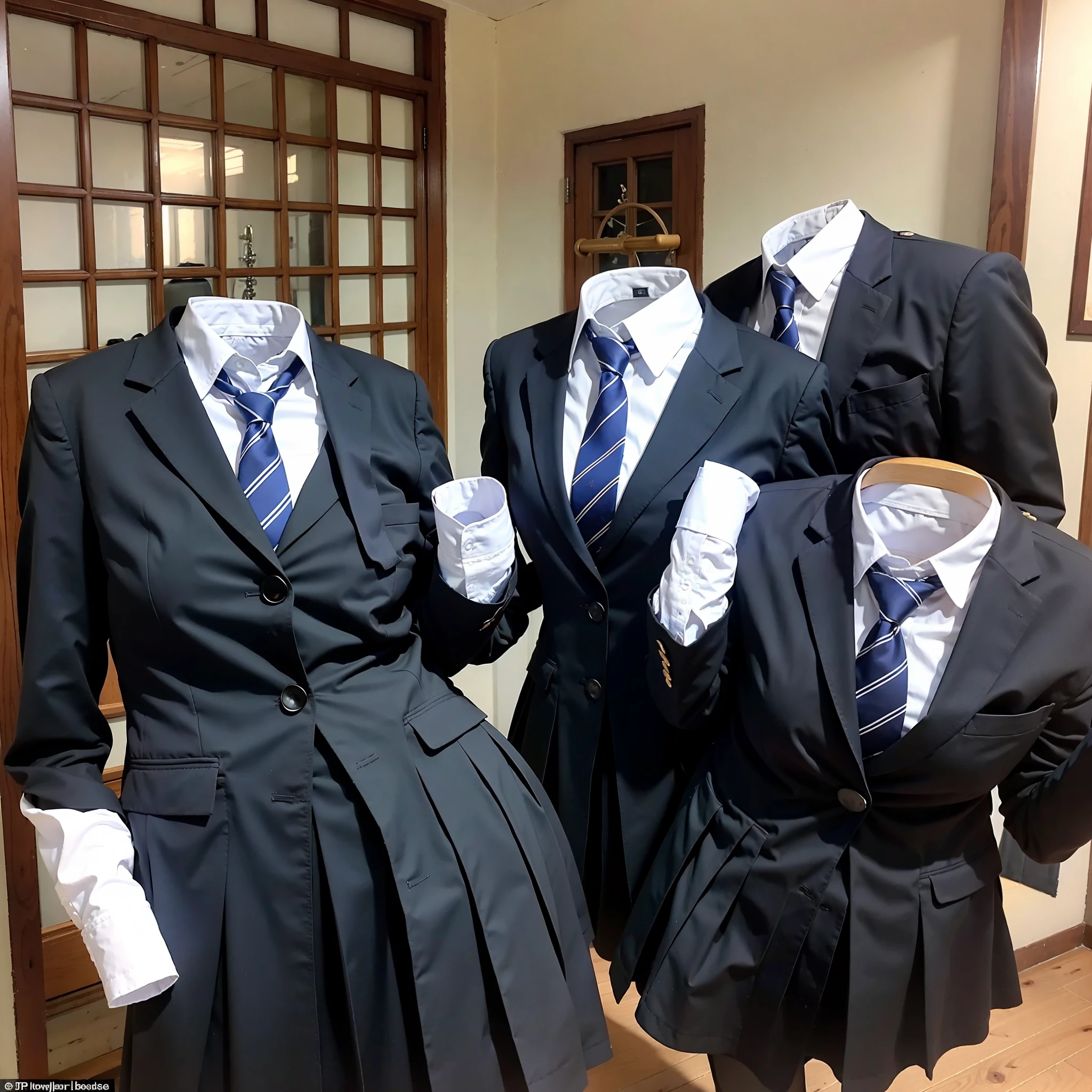 school uniforms swells as if possessed by invisible girls, (((no humans))), (headless), faceless, invisible girls, (masterpiece), ((invisible)), huge breasts,