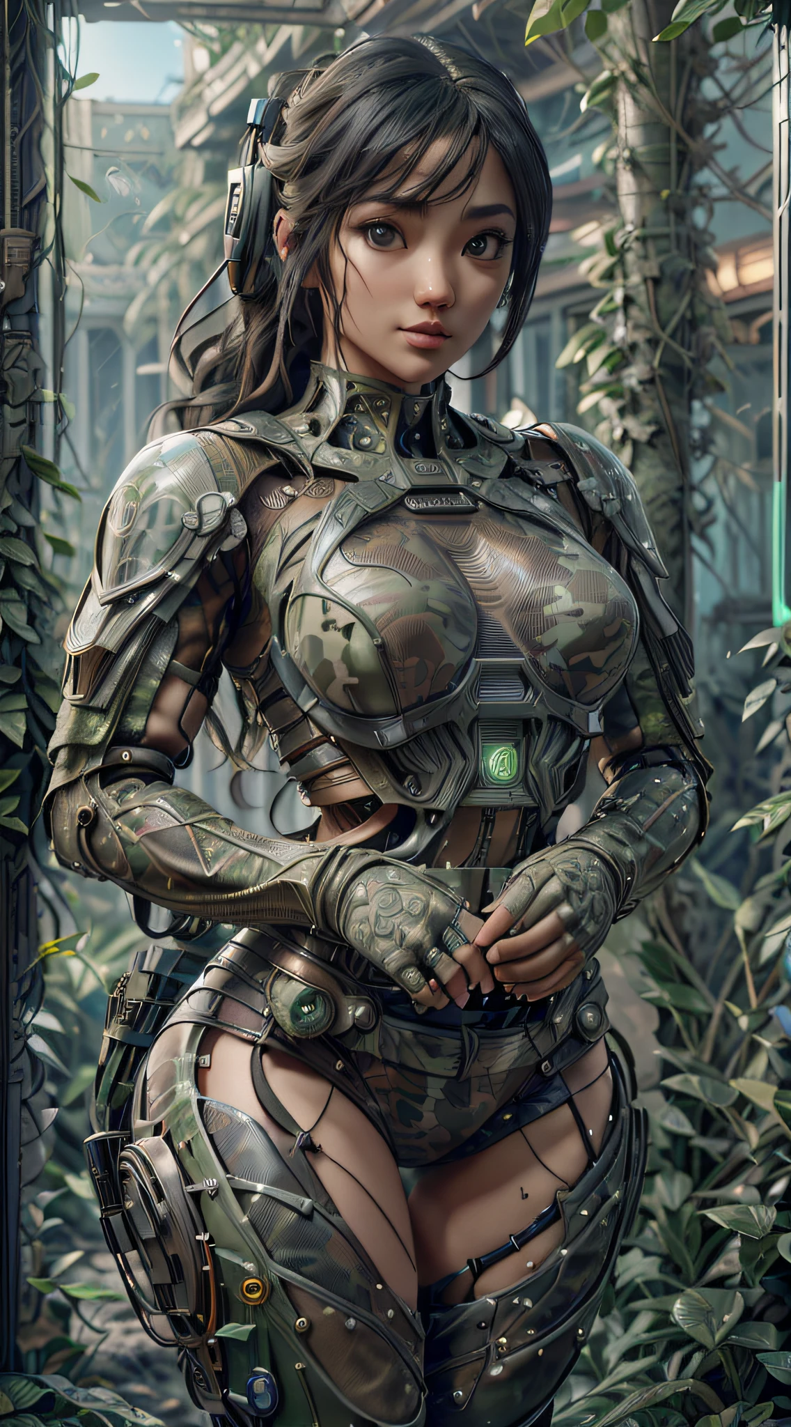 ((Best quality)), ((masterpiece)), (highly detailed:1.3), 3D, beautiful (cyberpunk:1.2) special forces, robort,female with thick voluminous hair wearing (wearing camouflage_uniform:1.1), body armour,cape,digital (camouflage:1.3),HDR (High Dynamic Range),Ray Tracing,NVIDIA RTX,Super-Resolution,Unreal 5,Subsurface scattering,PBR Texturing,Post-processing,Anisotropic Filtering,Depth-of-field,Maximum clarity and sharpness,Multi-layered textures,Albedo and Specular maps,Surface shading,Accurate simulation of light-material interaction,Perfect proportions,Octane Render,Two-tone lighting,Wide aperture,Low ISO,White balance,Rule of thirds,8K RAW,Efficient Sub-Pixel,sub-pixel convolution