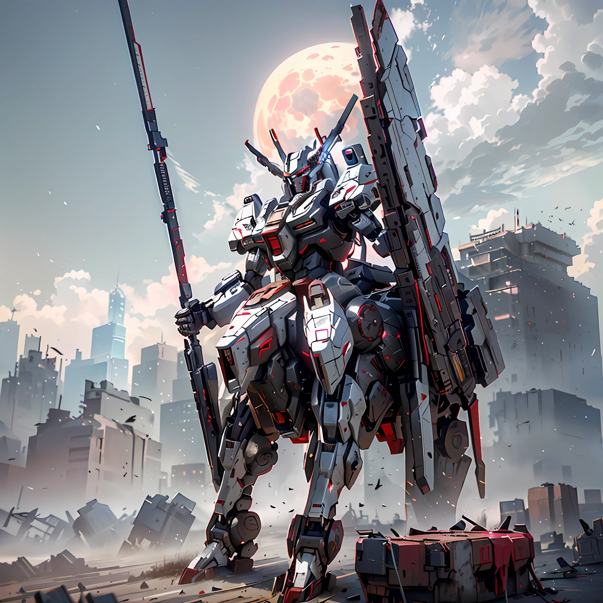 Red theme, mechanical style, cyberpunk, exquisite horse head head, best quality, masterpiece, unmanned, full body, mechanical marvel, strong, moon, ruined city, highest quality digital art, stunning art, wallpaper 4k, highly detailed, military robot, army, war zone, dynamic lighting, movie, epic, damaged mechanical parts