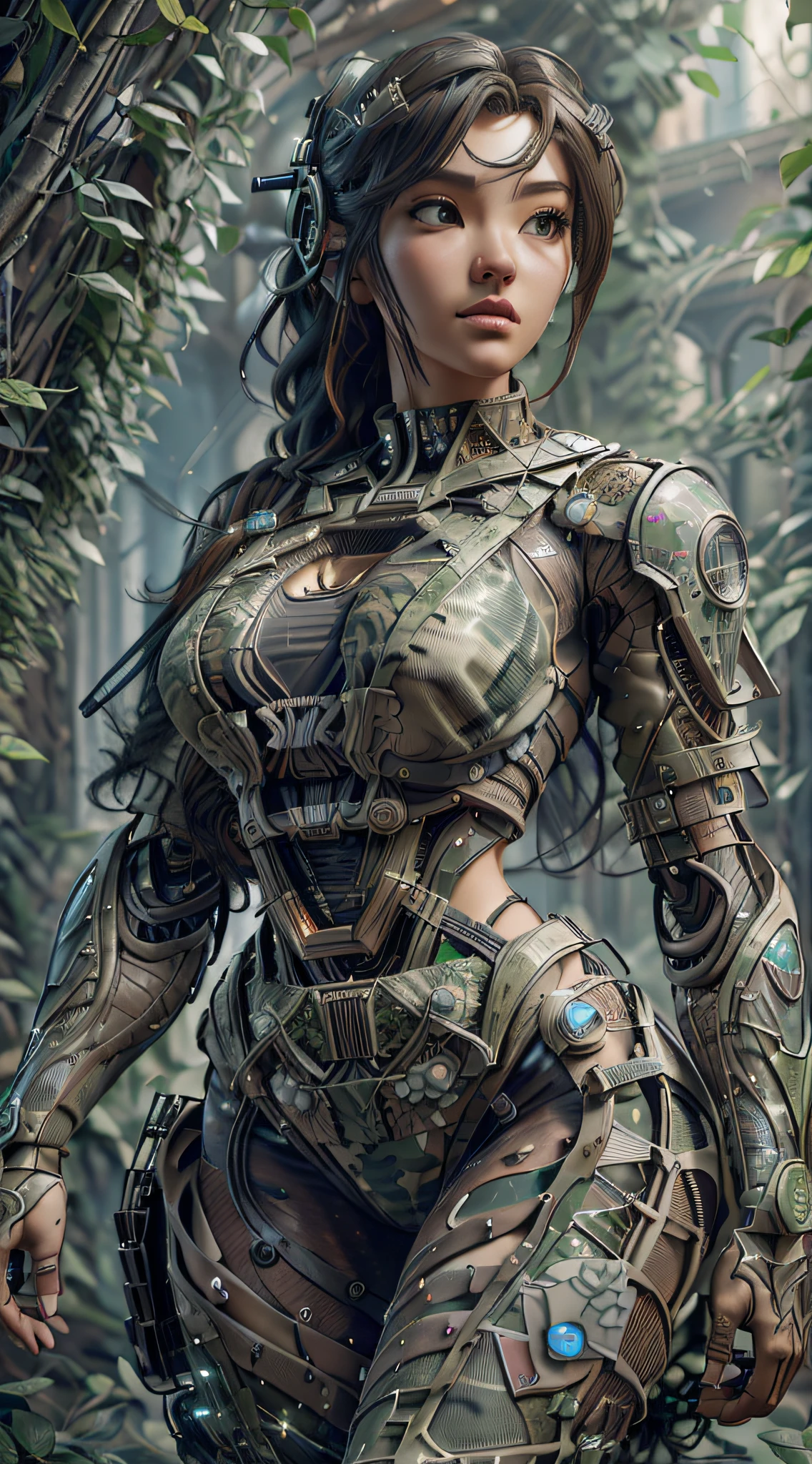 ((Best quality)), ((masterpiece)), (highly detailed:1.3), 3D, beautiful (cyberpunk:1.2) special forces, robort,female with thick voluminous hair wearing (wearing camouflage_uniform:1.1), body armour,cape,digital (camouflage:1.3),HDR (High Dynamic Range),Ray Tracing,NVIDIA RTX,Super-Resolution,Unreal 5,Subsurface scattering,PBR Texturing,Post-processing,Anisotropic Filtering,Depth-of-field,Maximum clarity and sharpness,Multi-layered textures,Albedo and Specular maps,Surface shading,Accurate simulation of light-material interaction,Perfect proportions,Octane Render,Two-tone lighting,Wide aperture,Low ISO,White balance,Rule of thirds,8K RAW,Efficient Sub-Pixel,sub-pixel convolution