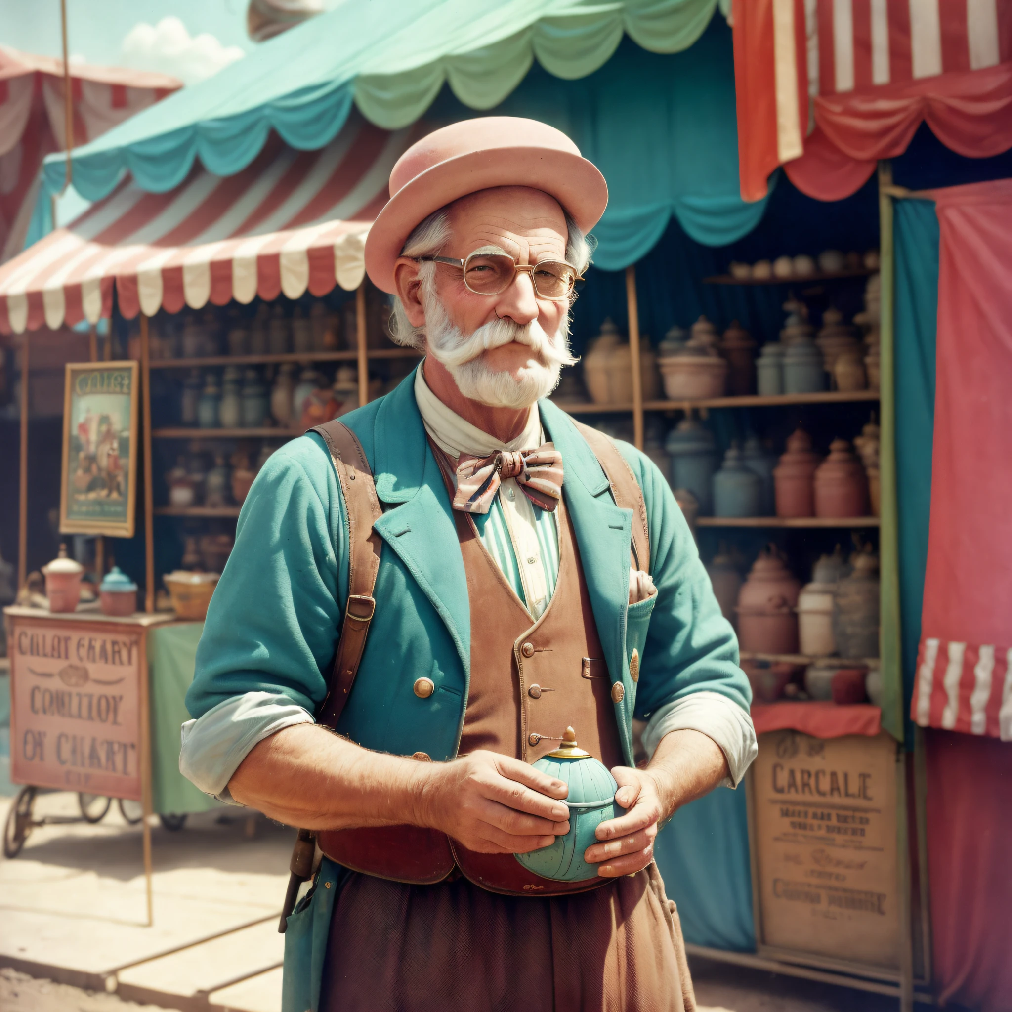 there is a man standing next to a cart with a piggy bank, a colorized photo by Bob Singer, tumblr, ultra realism, curiosities carnival fallout, award winning autochrome photo, cotton candy, circus, vintage color photo, 1 9 5 0 s americana tourism, selling his wares, photographed on ektachrome film, portrait of circus artist --auto --s2