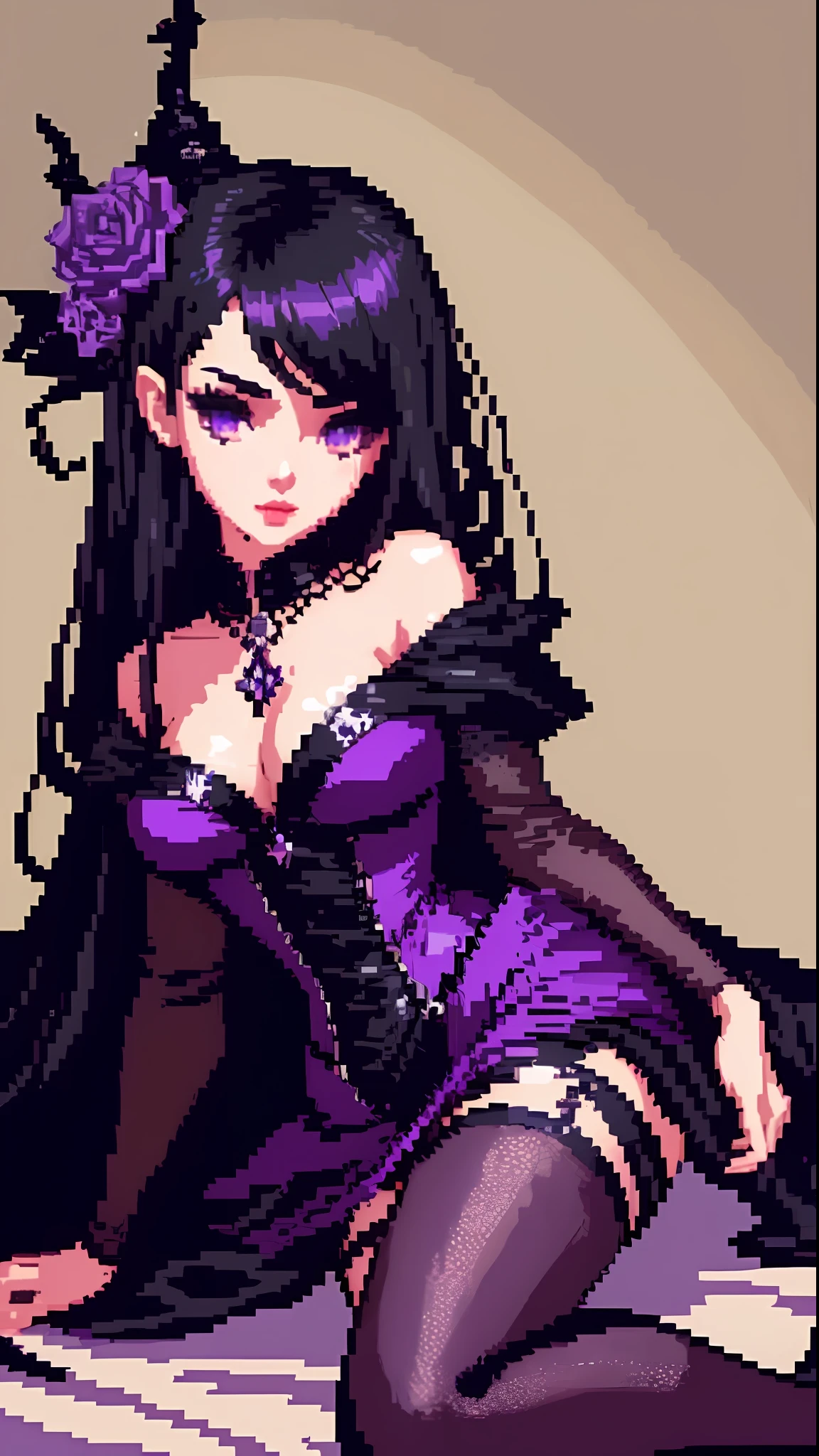(pixelart: 1.2), beautiful gothic women, sexy gothic girl, witch dress, legwear, witch hat, short black hair with purple tips, bedroom, on top of bed, wariza, (by Isaac quek: 0.8) [by Ilya Kuvshinov: 0.65]
