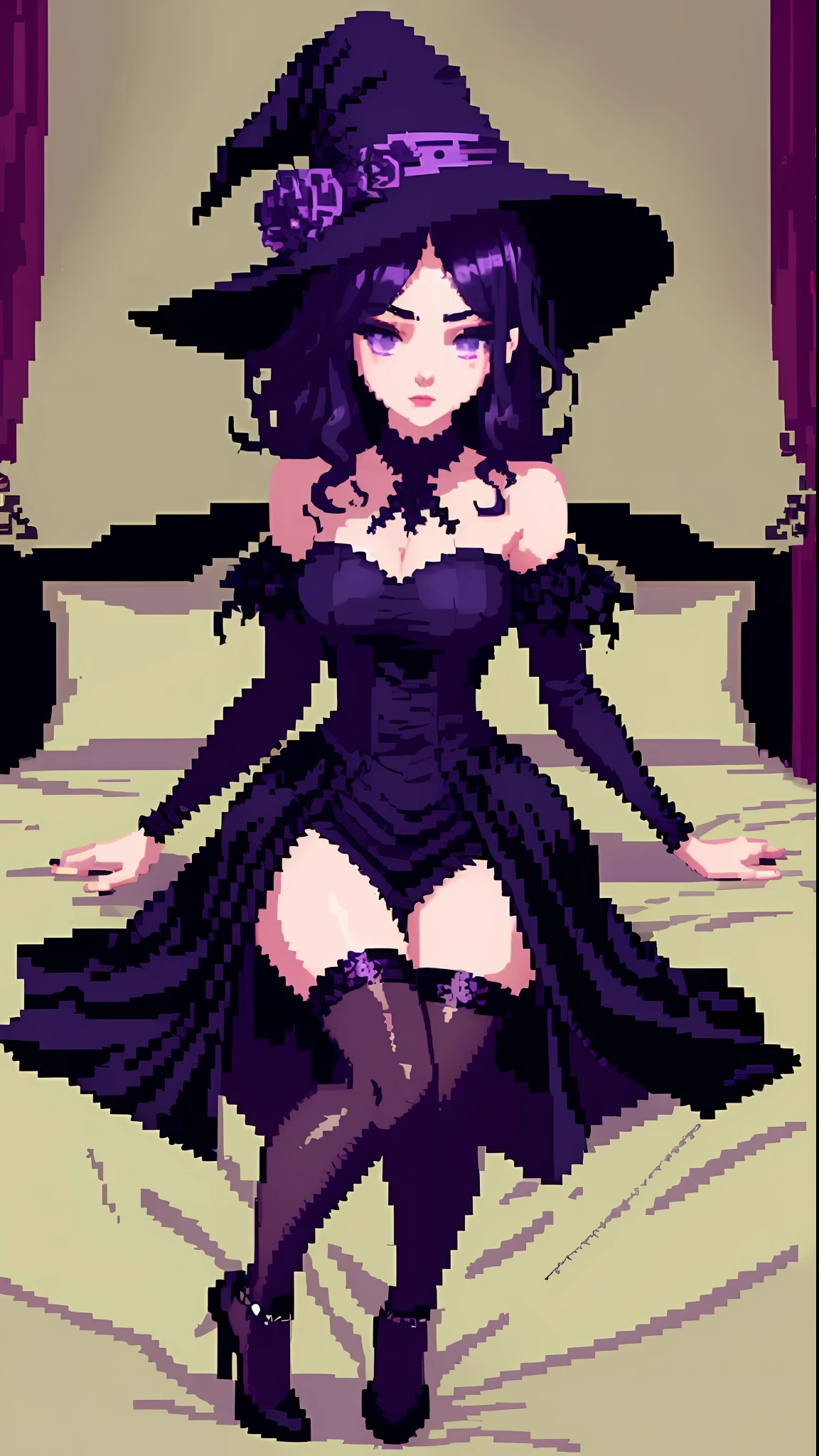 (pixelart: 1.2), beautiful gothic women, sexy gothic girl, witch dress, legwear, witch hat, short black hair with purple tips, bedroom, on top of bed, wariza, (by Isaac quek: 0.8) [by Ilya Kuvshinov: 0.65]