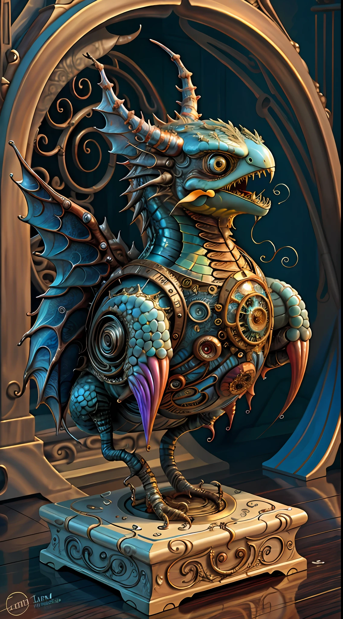 (best quality: 1.4), (masterpiece: 1.2), detailed, complex, high resolution, iridescent colors, A charming and fascinating creature with otherworldly forms that blend the best aspects of the monster human form and the innocent charm of a precocious , scales, wings, blue, texture, complex, gorgeous, 3D, highly detailed, decorative style, Tim Burton, Dale Chihuly, Bruce Zheng, Cyril Rolando, H. R. Giger $plastic$ Grid: Real Lenoid afremov style, wet, fire