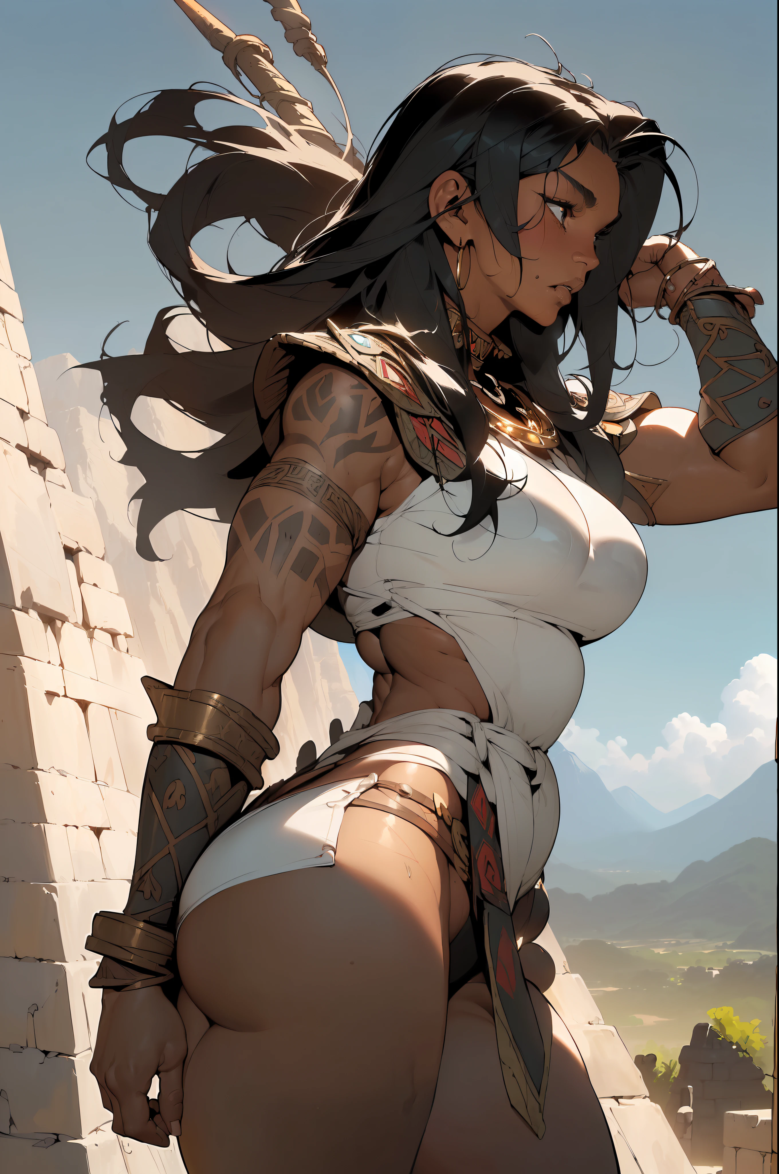 (((Simon Bisley))), (((Frank Frazetta))), ((((absurdists))), (((best quality))), (((masterpiece))), (((back))), (((Kim Kardashian's perfect plump and muscular ass)), muscular 35-year-old voluptuous Aztec woman, pre-Columbian warrior, war paintings by body, perfect and proportioned body, dark-skinned indigenous warrior wearing very few clothes and many necklaces and body adornments, long straight hair, tiny thong made of jaguar skin, Holding a saddlebag and walking among Aztec pyramids, mountain ranges in the background, lots of heat, she is sweaty and her black skin glows under the scorching sun, coarse armor on her left arm