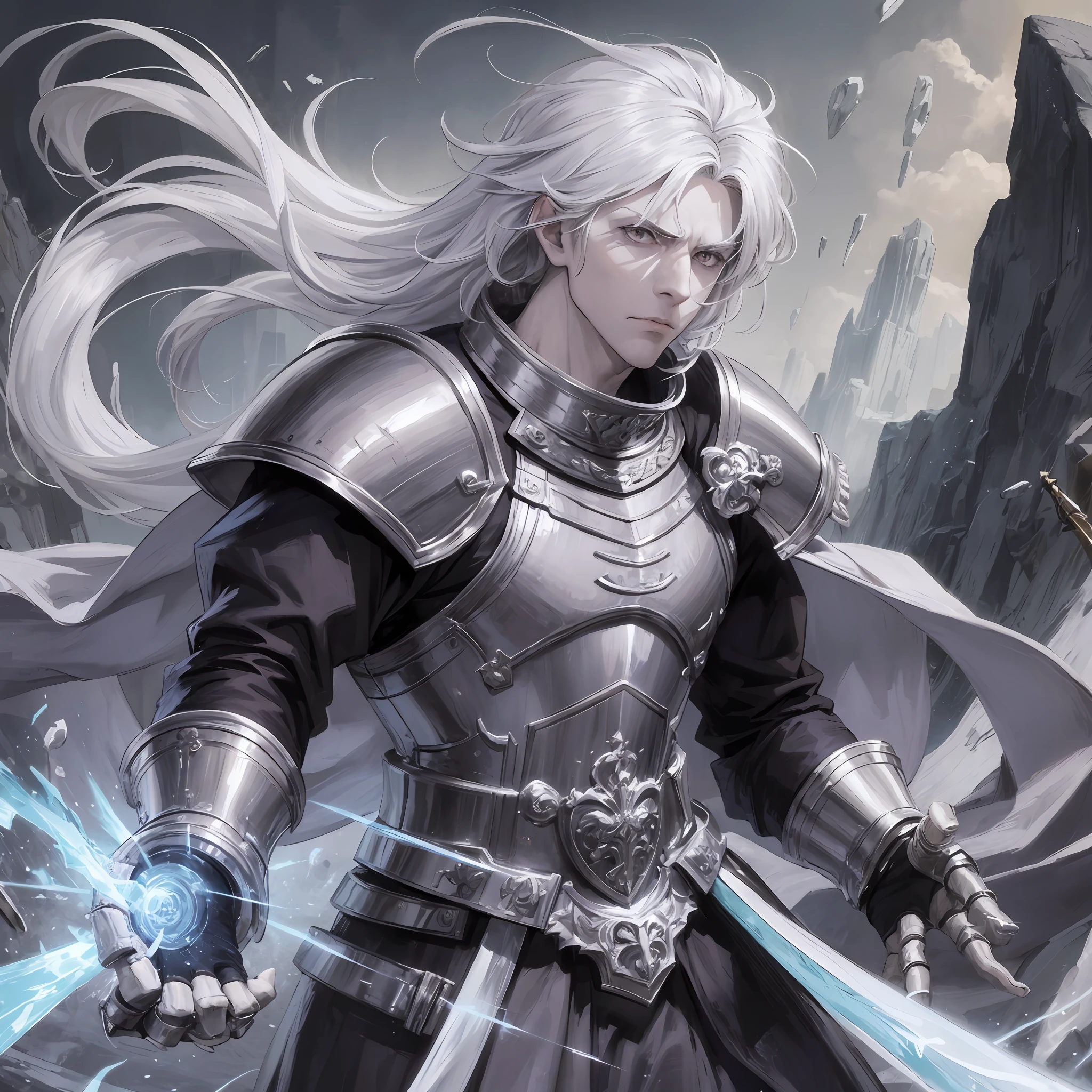 Anime, medium white hair, male, sad face, arms crossed, wearing a paw, gauntlet sword, black clothes, saddened, furious, arms outstretched, holding a gauntlet sword paw, cold, ice powers, frozen place