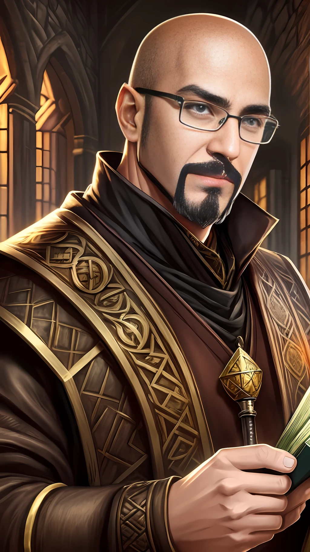 Portray a RPG Master, man, bald, goatee, brown eyes, NERD glasses, smart! Powerful! Nerd! Add elements of D&D, very powerful, HD quality, photo-realism, magic light, D&D character style, D&D book character, --auto --s2