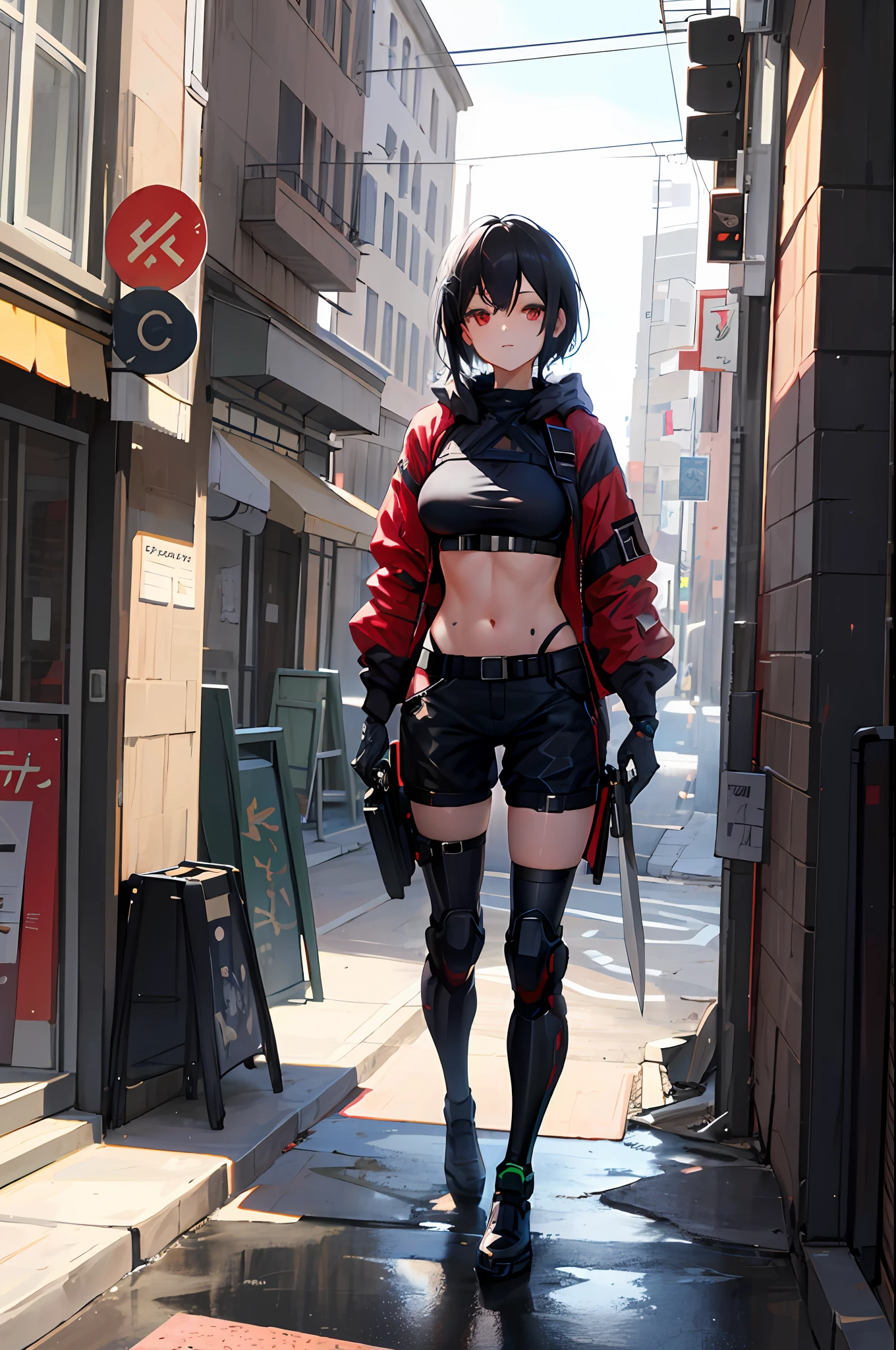 (finely detailed beautiful eyes and detailed face, sidelighting masterpiece, masterpiece, best quality, 8k, 4k, detailed, high resolution illustration),
(urban techwear, cybernetic background, sunny city, mechanical, robot)
(1girl, full body, big breasts, bishoujo, lustrous skin, looking down, looking at the viewer),
(rogue, assasin, robe, knife, black hair, short hair, red eyes, pants, underboob),
