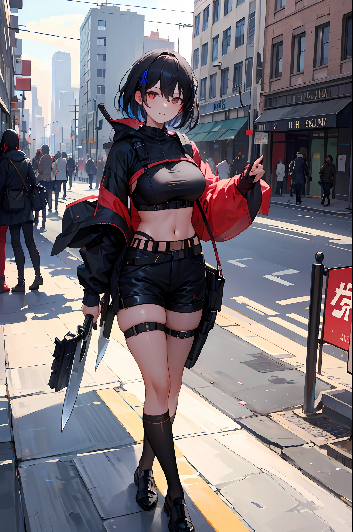 (finely detailed beautiful eyes and detailed face, sidelighting masterpiece, masterpiece, best quality, 8k, 4k, detailed, high resolution illustration),
(urban techwear, cybernetic background, sunny city, mechanical, robot)
(1girl, full body, big breasts, bishoujo, lustrous skin, looking down, looking at the viewer),
(rogue, assasin, robe, knife, black hair, short hair, red eyes, pants, underboob),