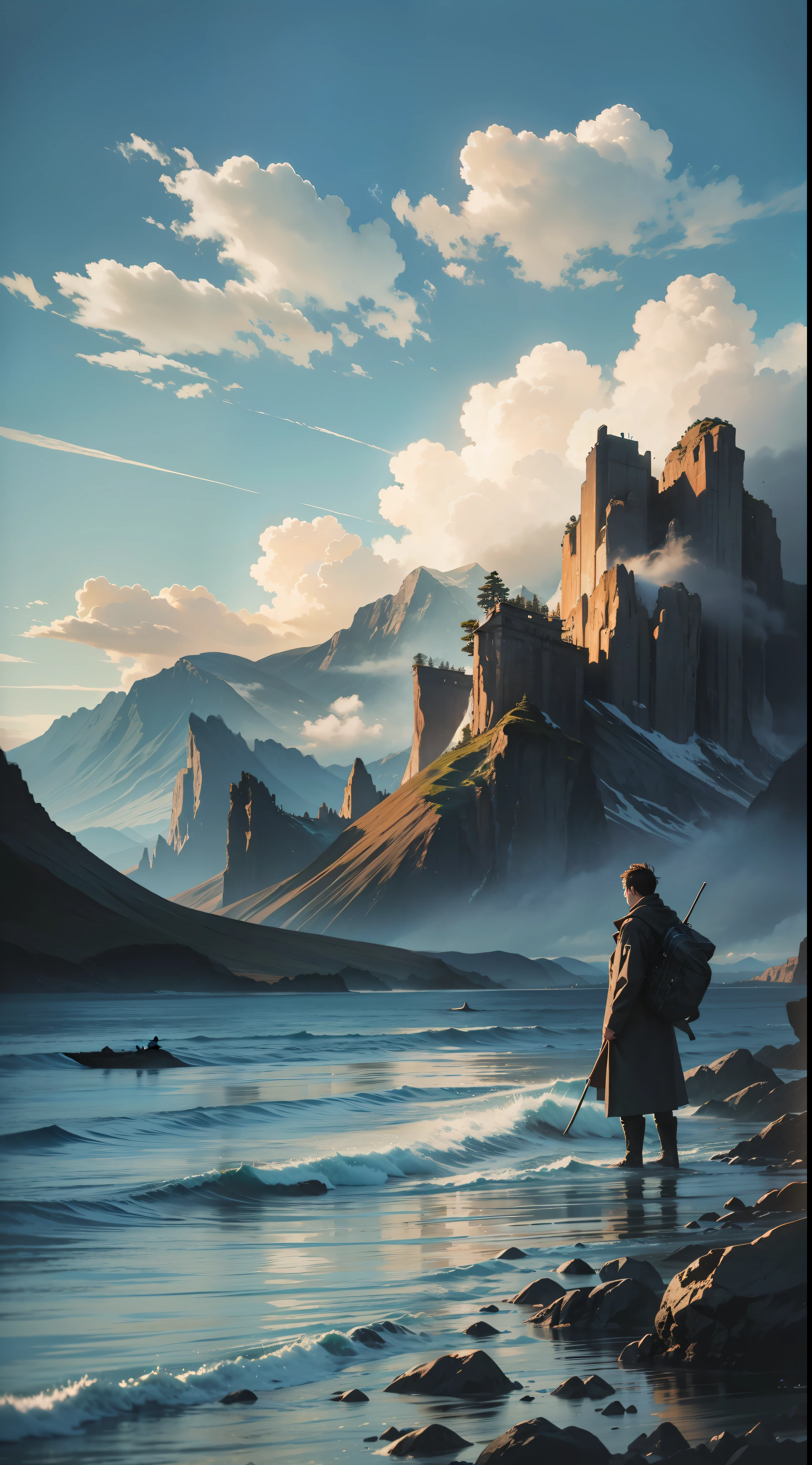 a huge landscape of mountains floating over the sea, a tiny silhouette of a man looking at those mountains