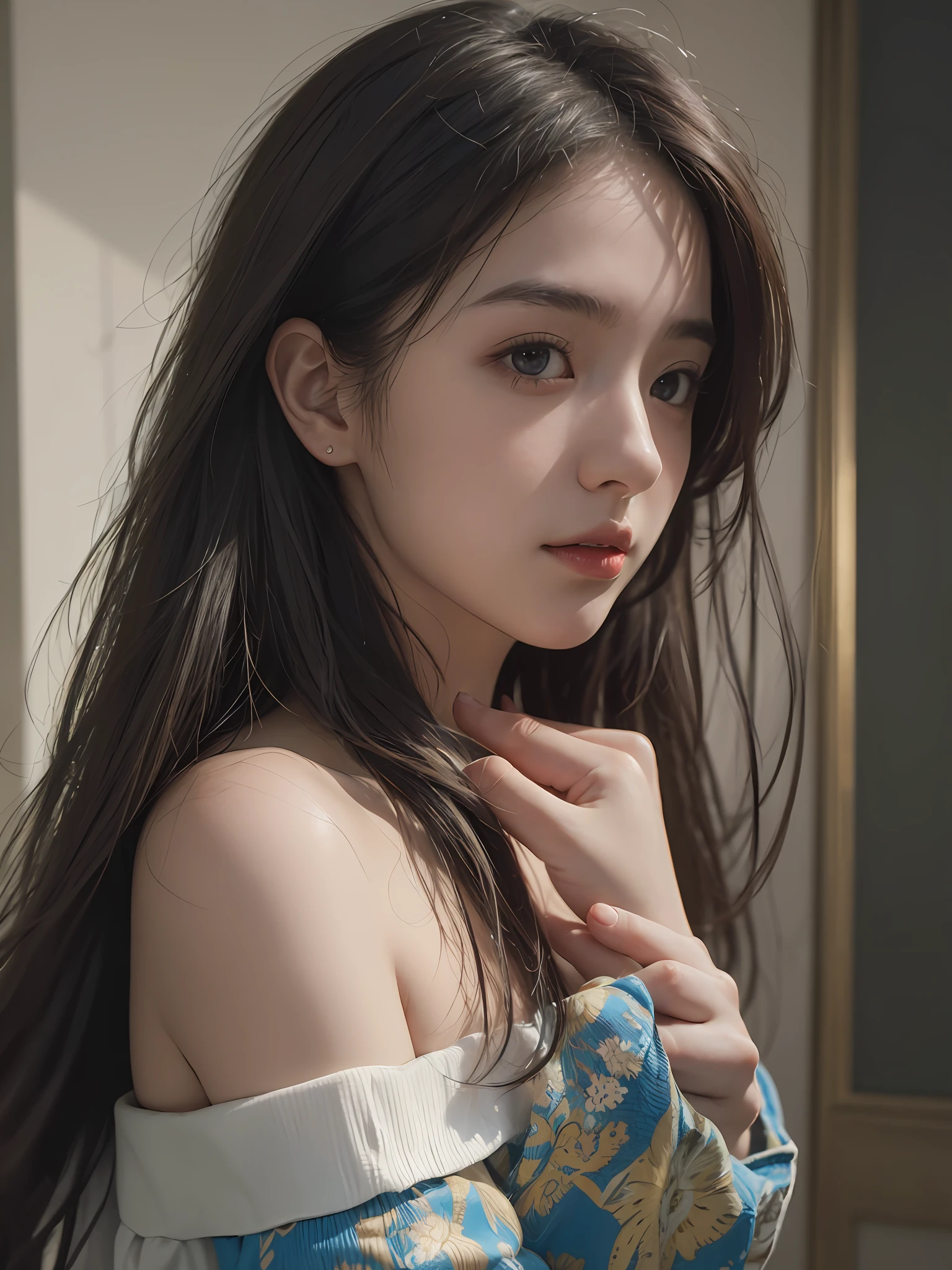 Best quality, masterpiece, ultra high res, (photorealistic:1.4), raw photo, 1girl, off shoulder, cinematic lighting --auto --s2