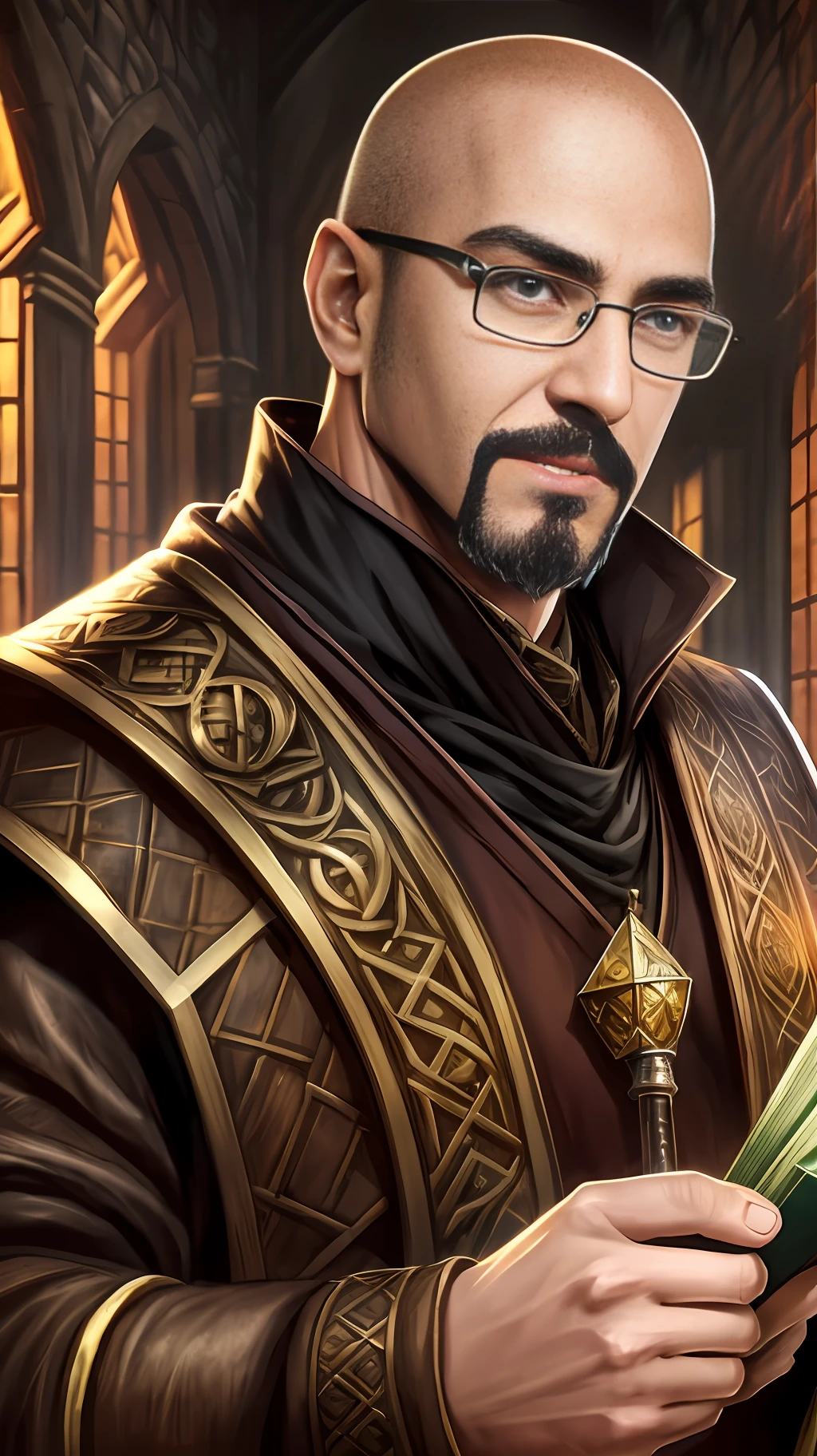 Portray a RPG Master, man, bald, goatee, brown eyes, NERD glasses, smart! Powerful! Nerd! Add elements of D&D, very powerful, HD quality, photo-realism, magic light, D&D character style, D&D book character, --auto --s2