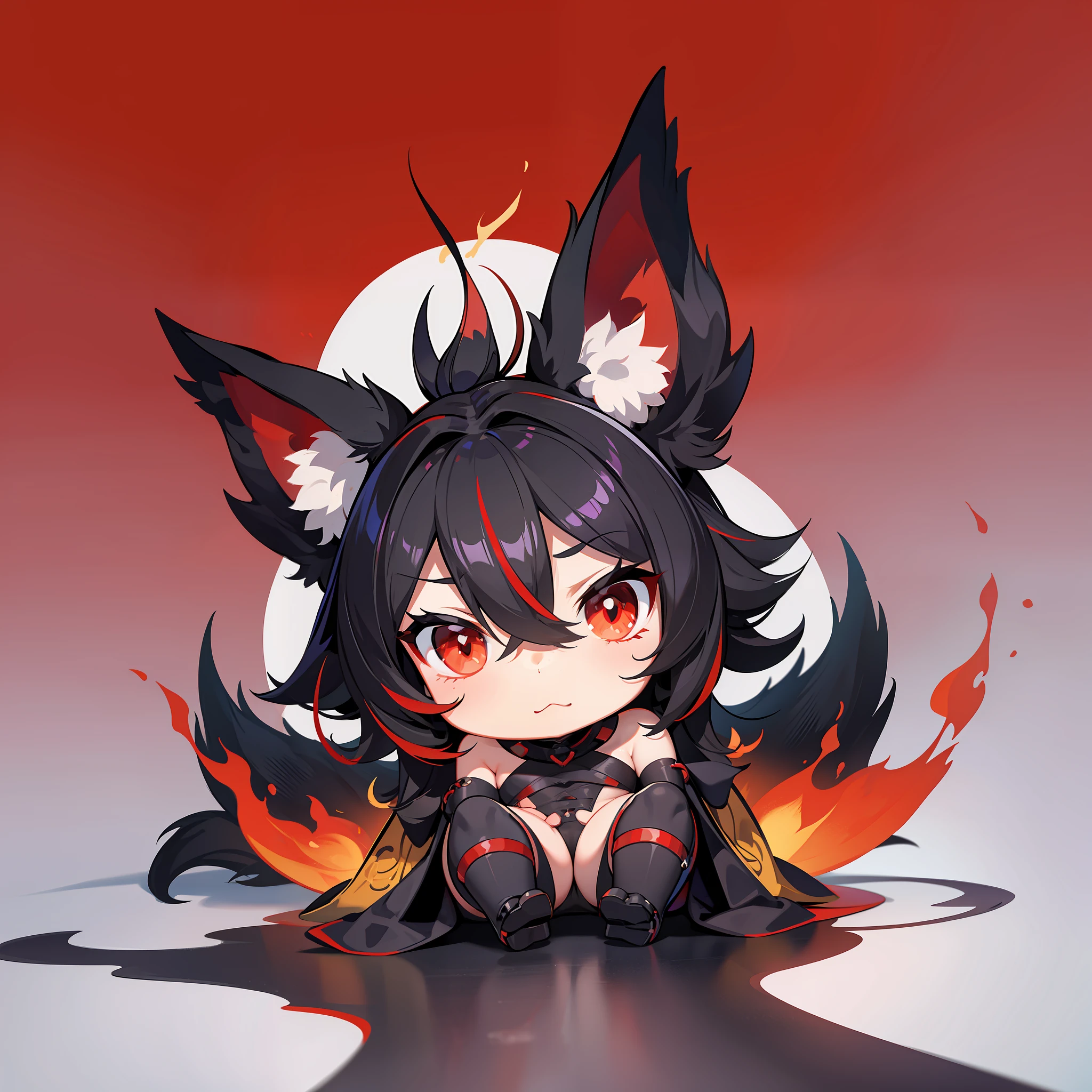 twitch emote, no humans, chibi, black and red kitsune, white background, simple background, highly detailed, specular highlights