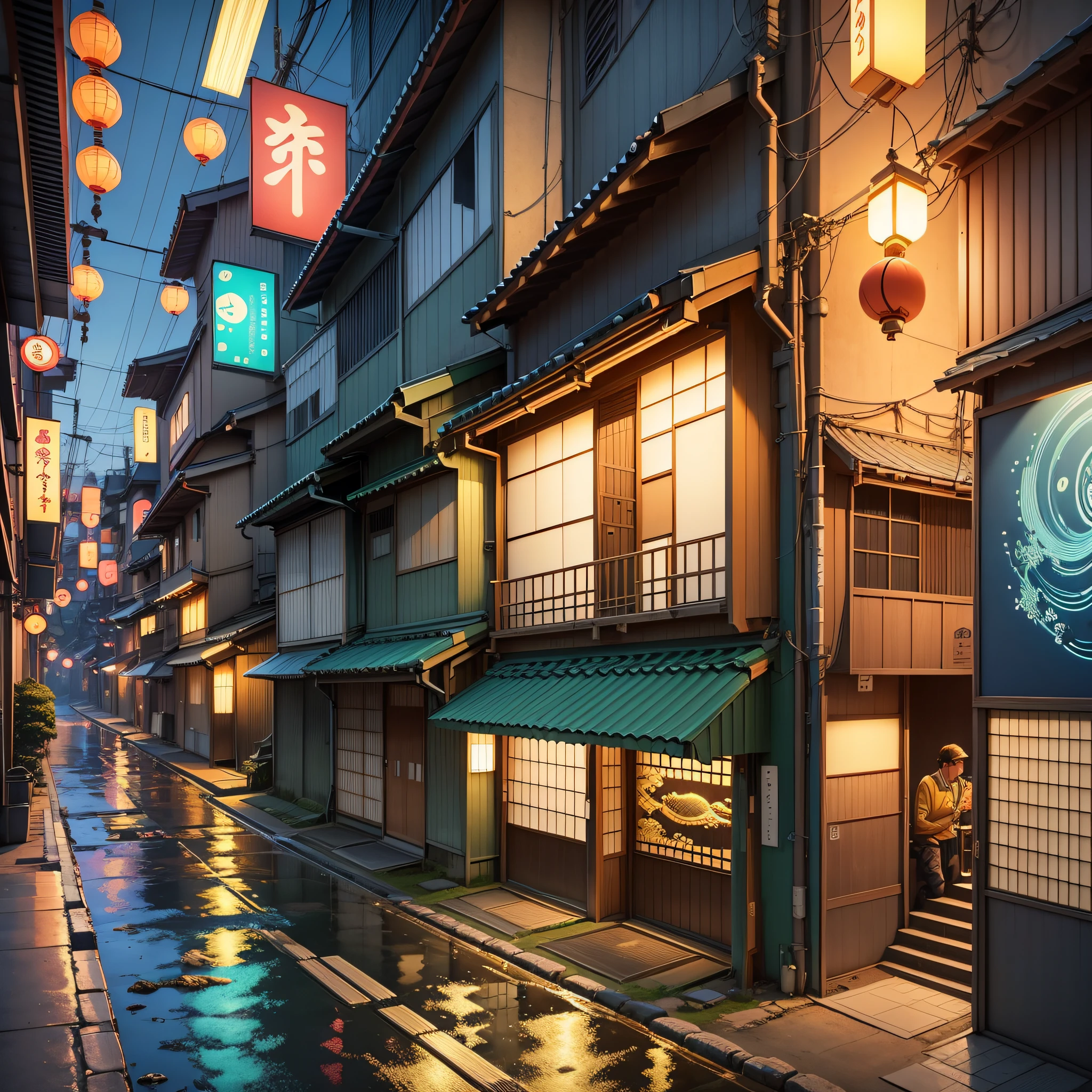 Japanese neighborhood next to the sea with a noodle dispenser with golden fish, 2D style, cyberpunk neon style, cartoon, landscape, detailed wallpaper, flare, night --auto --s2