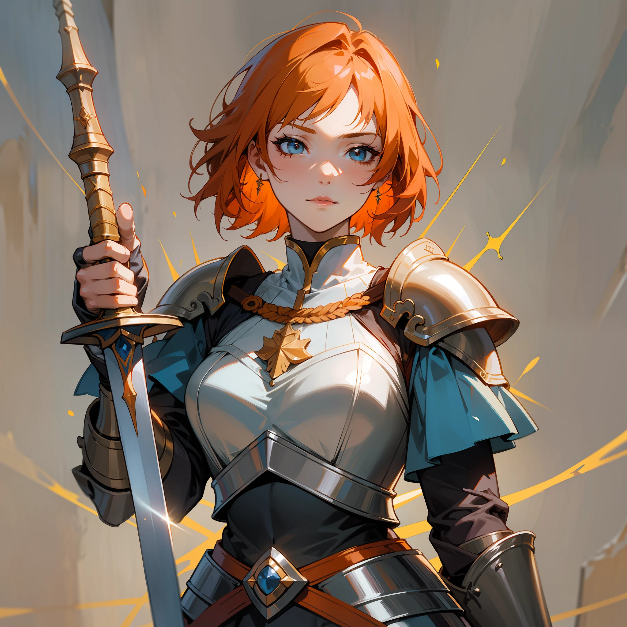 Make a warrior woman, with fine features and short orange hair, Joanna d'Arc, master of fencing, holding the hilt of a rapier sword with her left hand, paladin, right hand on closed chest, oath, wears full armor