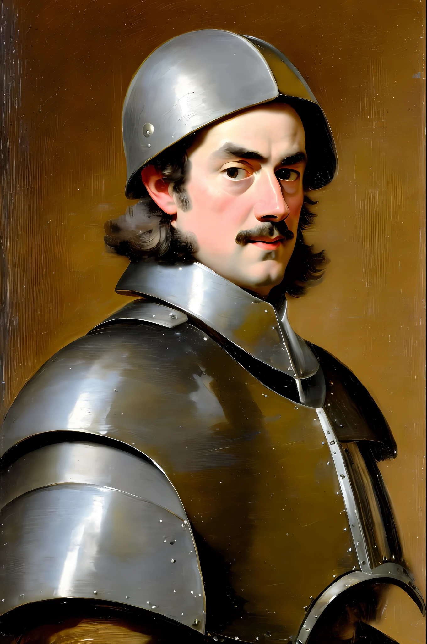 by Govert Flinck, portrait of 17th century English male aristocrat wearing black cuirassier armour, posing, high resolution, masterpiece, detailed face, detailed body,HD,