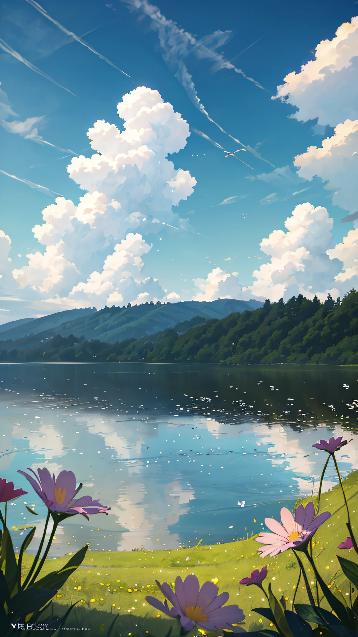 Summer, meadows, a few small flowers, heavenly views, large clouds, blue skies, hot weather, HD detail, wet watermarks, hyper-detail, cinematic, surrealism, soft light, deep field focus bokeh, ray tracing, and surrealism. --v6