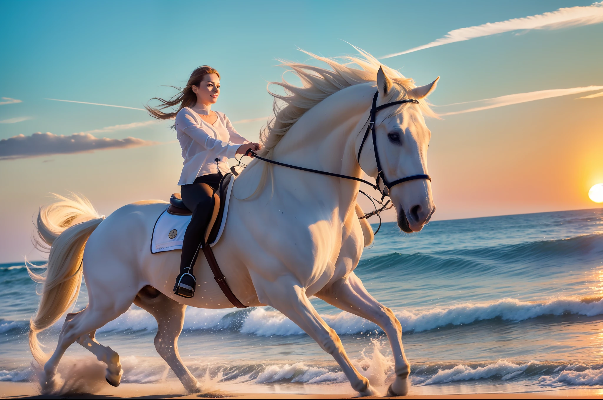 A white horse gallops on the beach in the setting sun, full limbs, long white mane, white tail