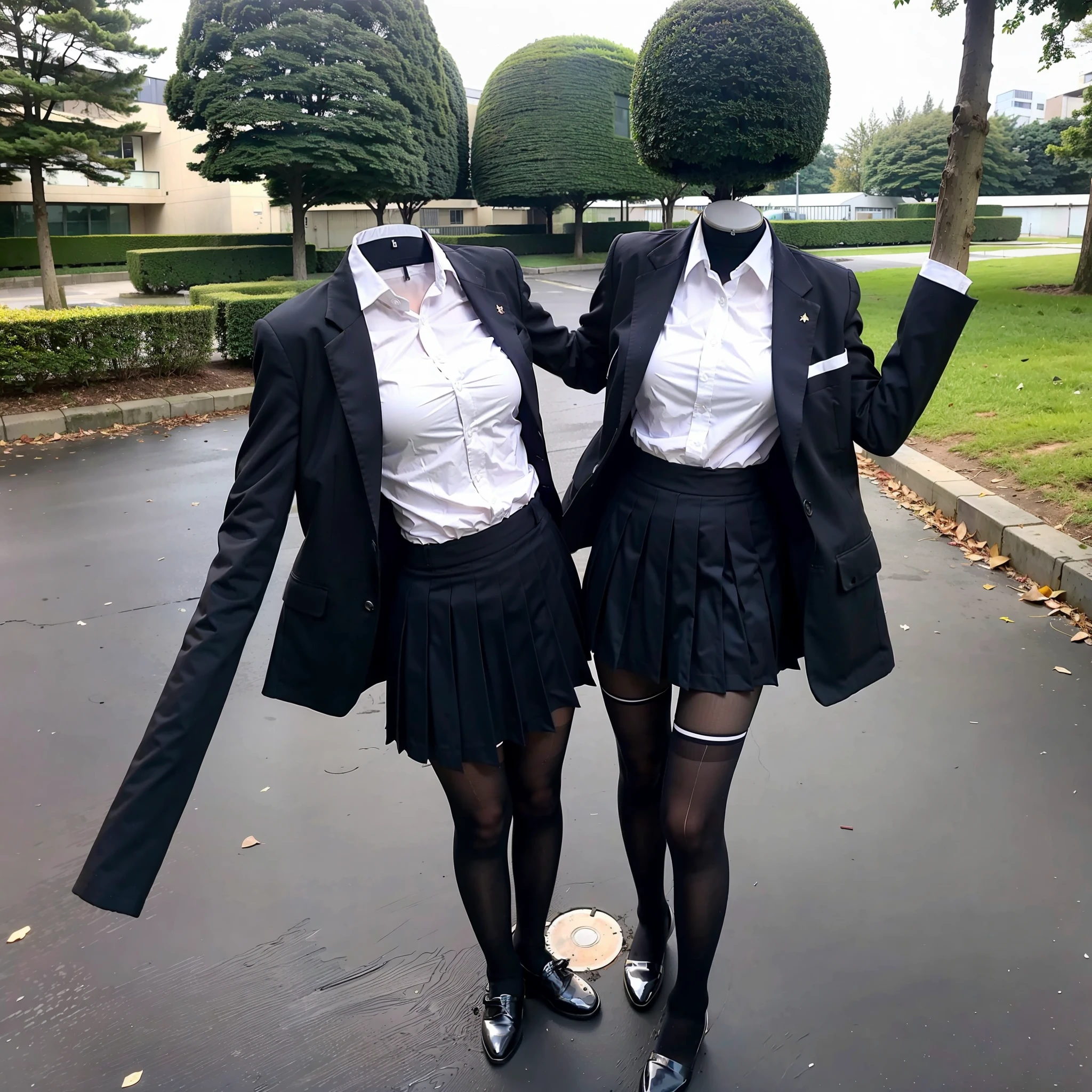 school uniforms swells as if possessed by invisible girls, (((no humans))), (headless), faceless, invisible girls, (masterpiece), ((invisible)), huge breasts,