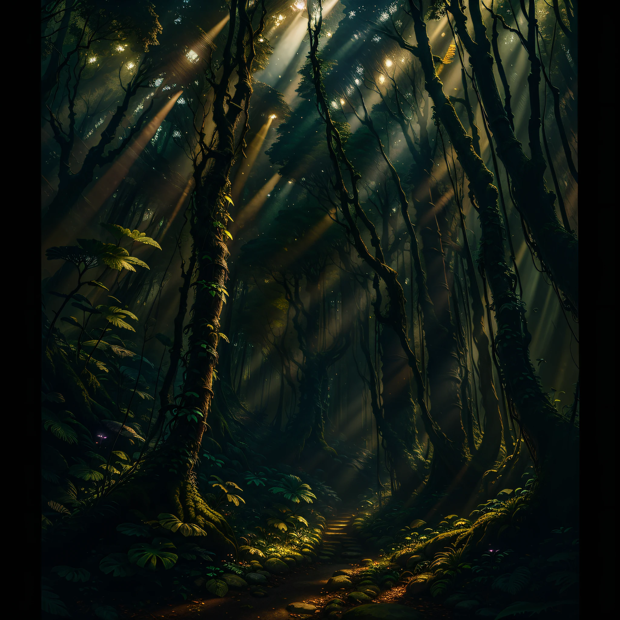 illustration, cinematic light, fantasy, superior, top quality, ultra detailed, best quality, masterpiece, bright, forest plants with neon details, small mutant animals in the background, high resolution, 8k, sunlight falling through cracks in the treetops
