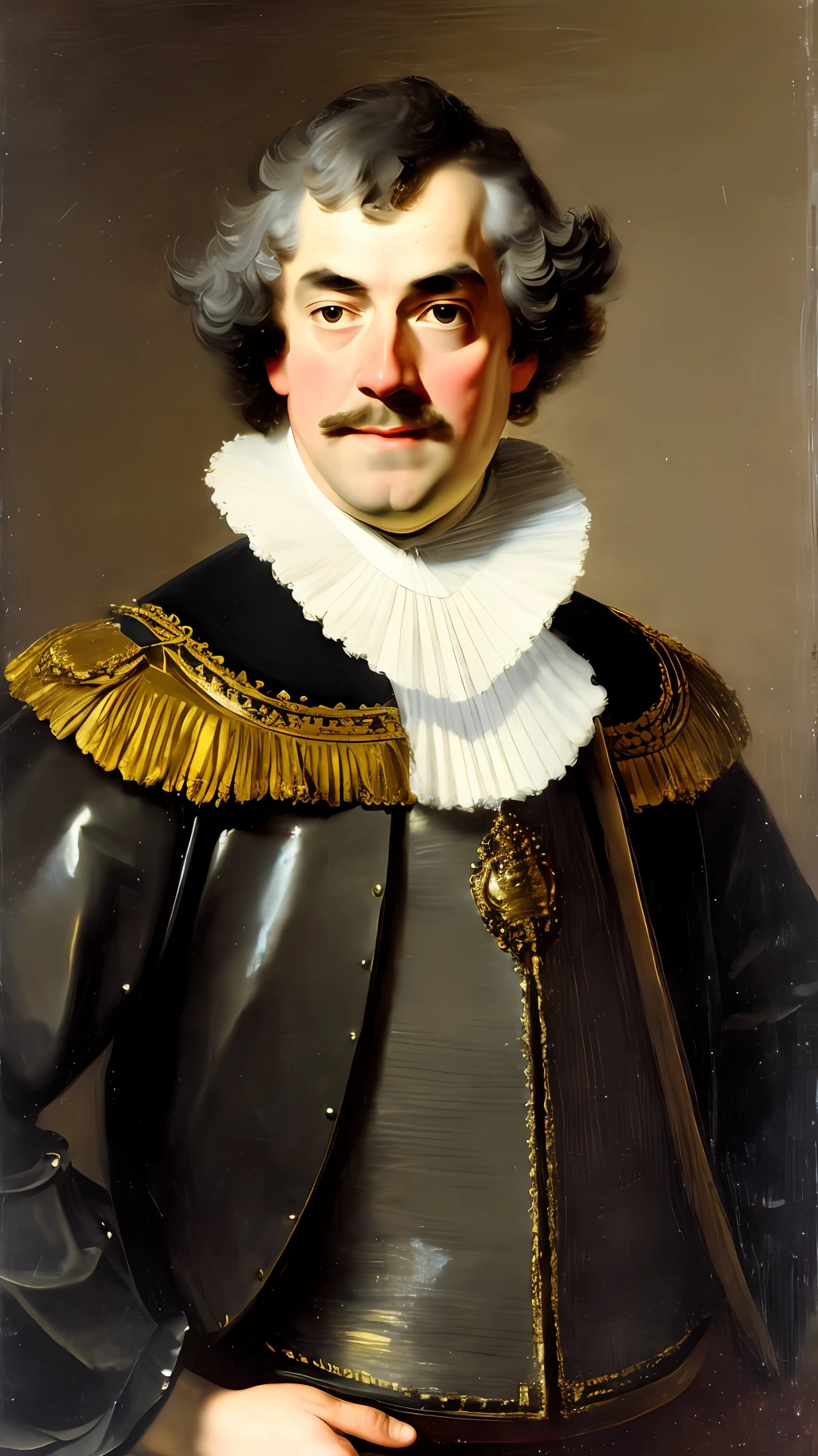 by Govert Flinck, portrait of 17th century English male aristocrat wearing black cuirass, posing, high resolution, masterpiece, detailed face, detailed body,HD,