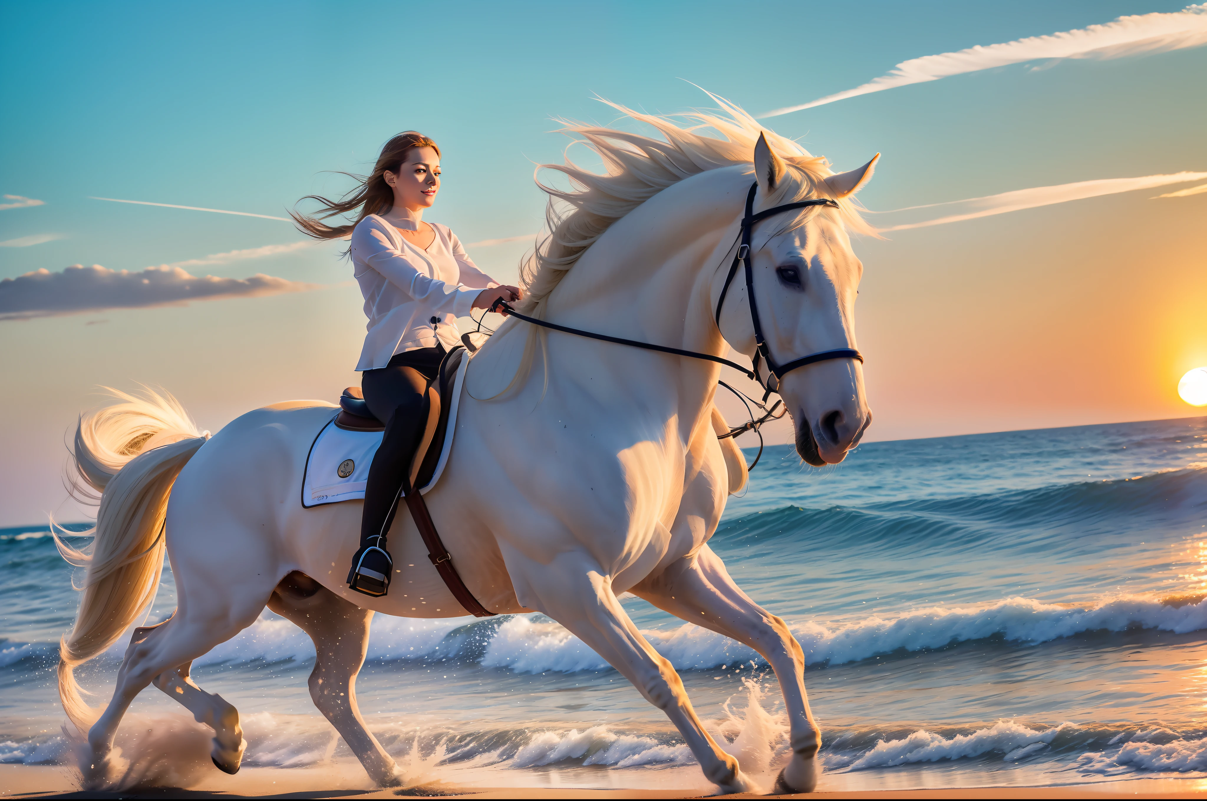 A white horse gallops on the beach in the setting sun, full limbs, long white mane, white tail