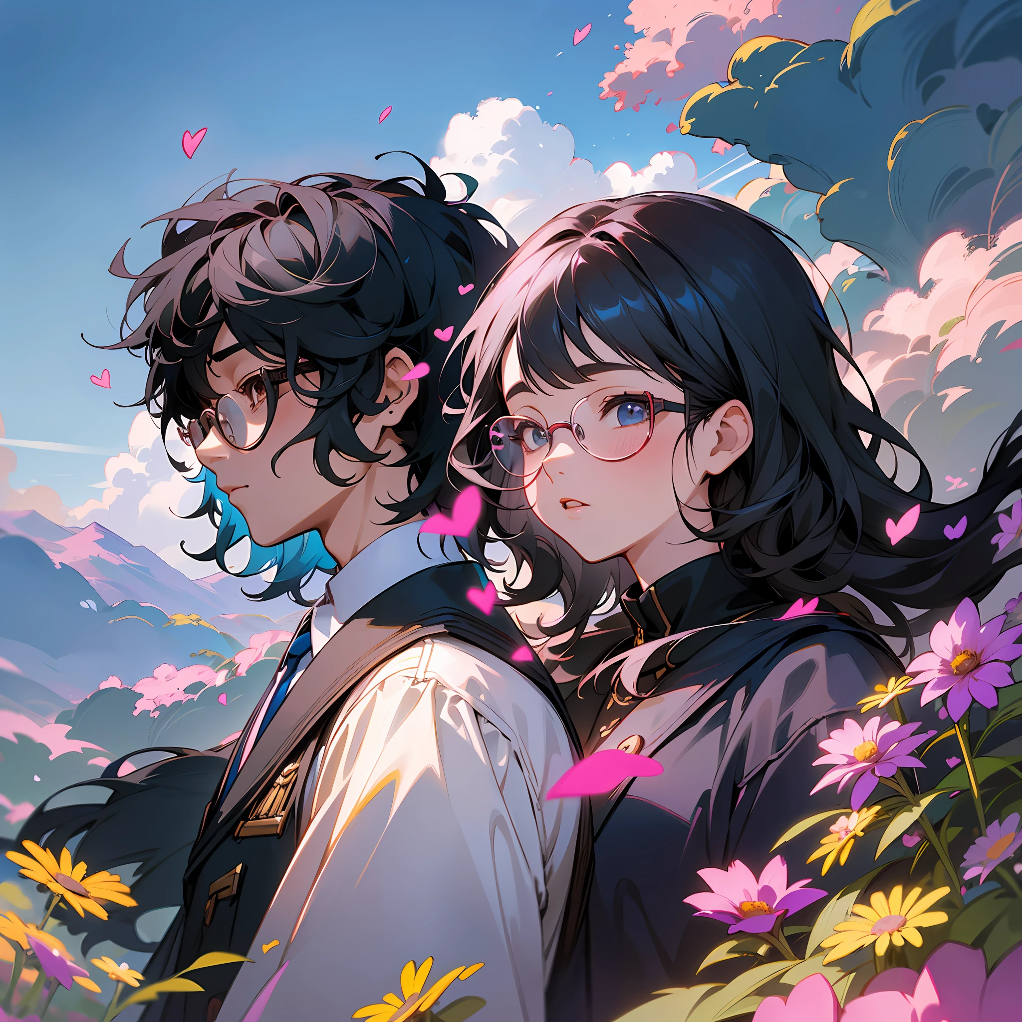 A boy and a girl, (lovers), the boy wears glasses, wavy short hair, the girl has long black hair, on a hill full of flowers, under the blue sky, masterpiece, 8k, high resolution, popular in the art station, ultra details, hyper realistic, professional lighting, with floating and colorful hearts --auto --s2