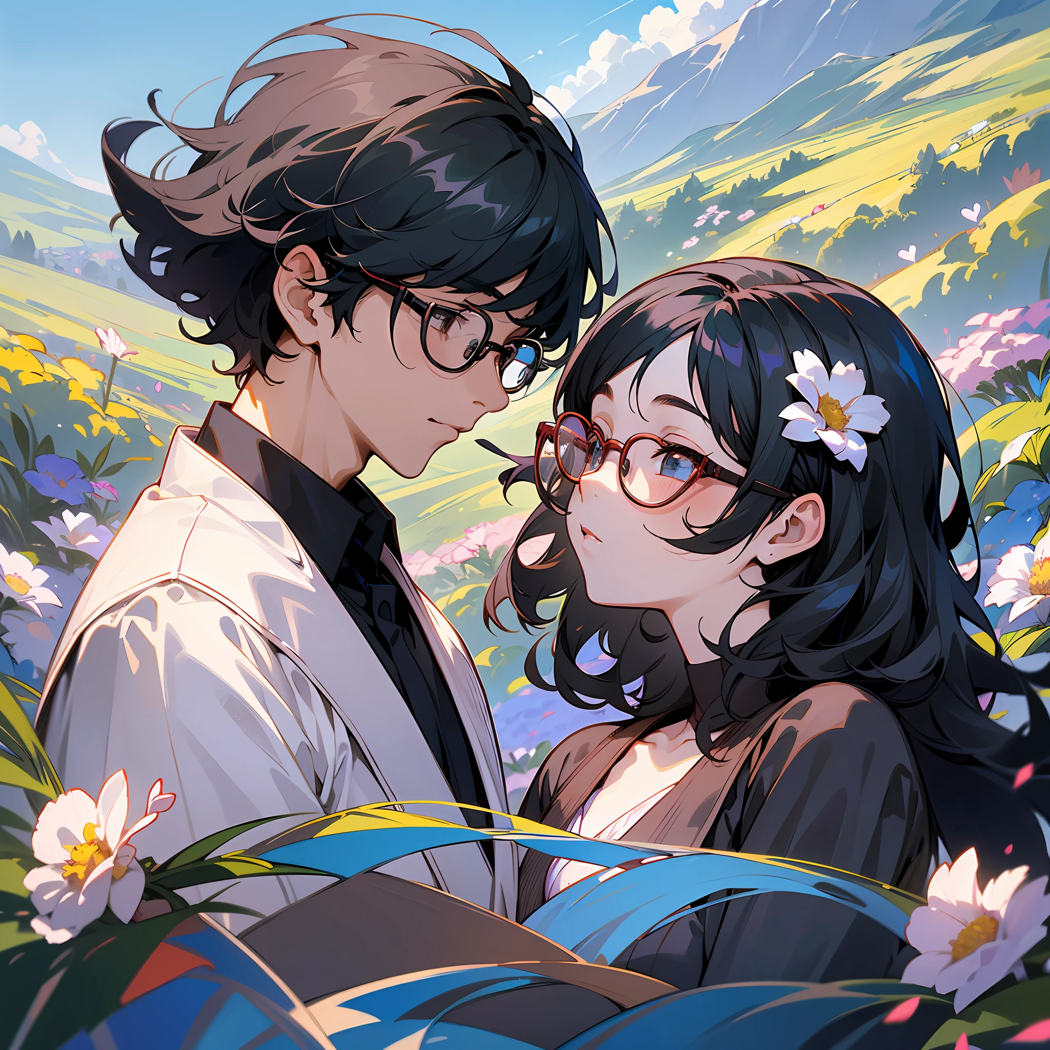 A boy and a girl, (lovers), the boy wears glasses, wavy short hair, the girl has long black hair, on a hill full of flowers, under the blue sky, masterpiece, 8k, high resolution, popular in the art station, ultra details, hyper realistic, professional lighting, with floating and colorful hearts --auto --s2