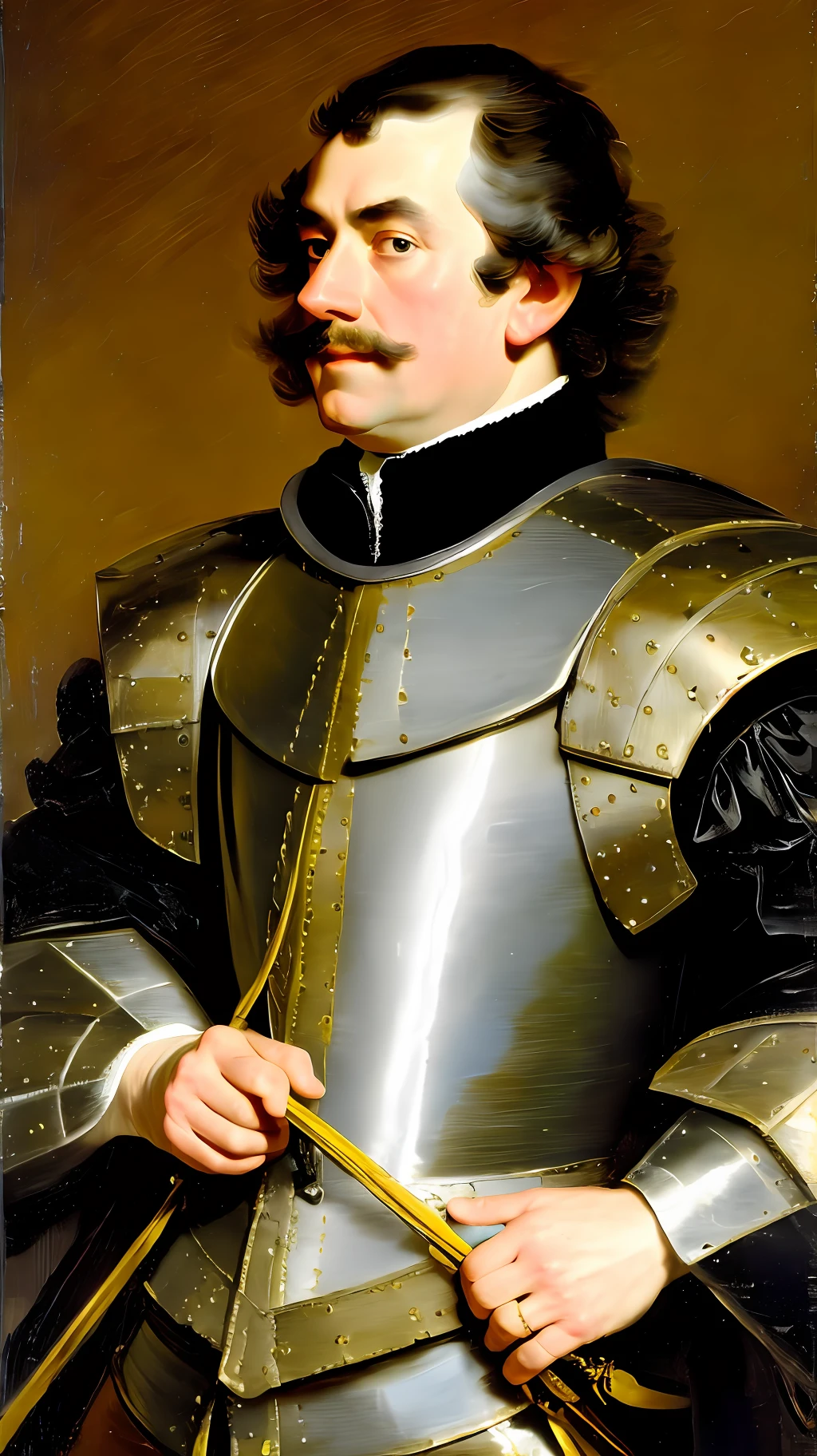 by Govert Flinck, portrait of 17th century English male aristocrat wearing black cuirass, posing, high resolution, masterpiece, detailed face, detailed body,HD,