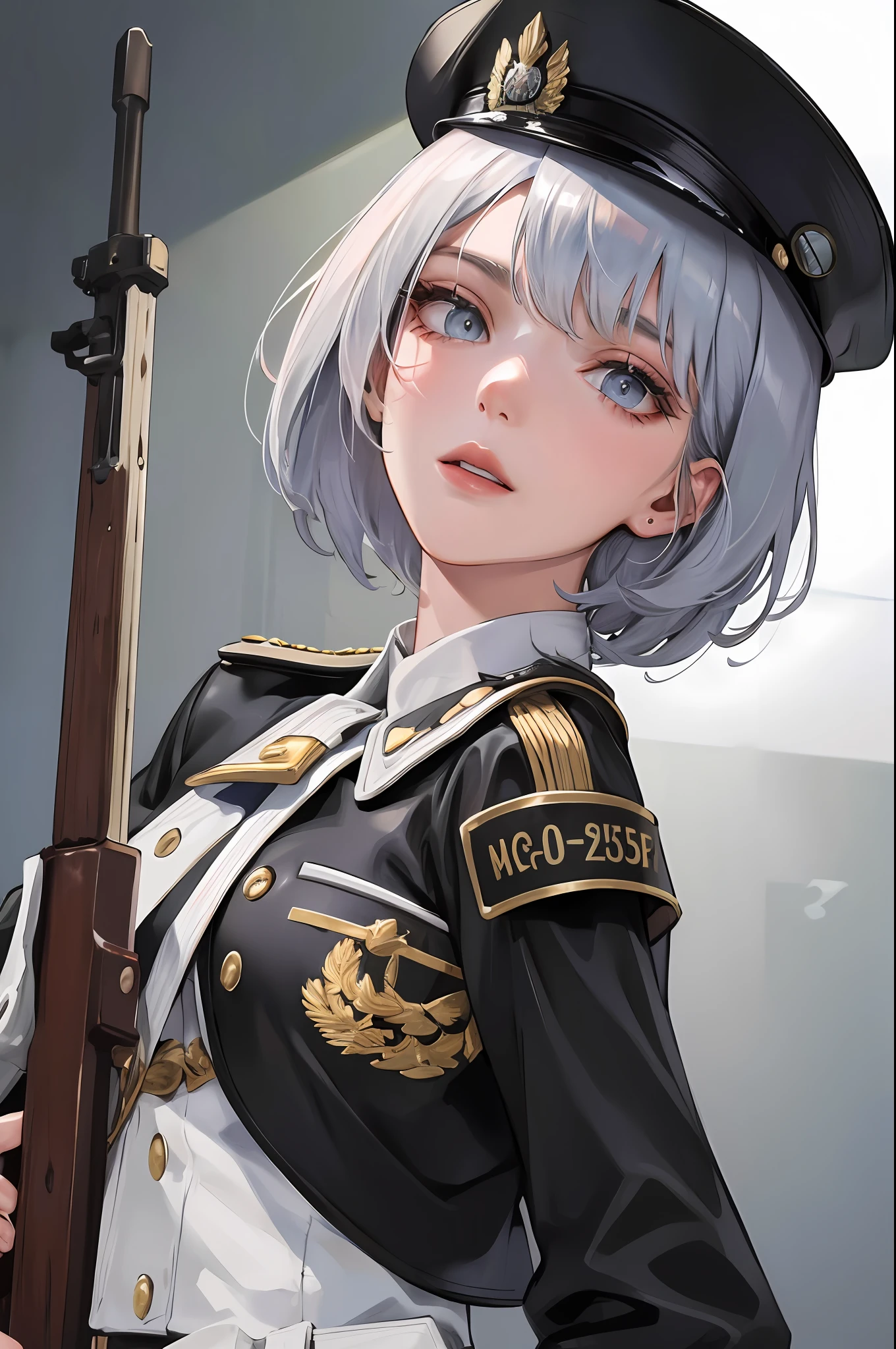 (Highest resolution, distinct_image) Top quality, woman, masterpiece, perfect beauty, high detail, frontal, upright, semi-realistic, silver mesh, short hair, silver mesh hair, bangs, 21 years old, mature, young, military uniform, courtesy attire, black uniform, black hat, first courtesy, staring at the viewer with cold eyes , low angle, escort mechanized soldier holding weapon behind