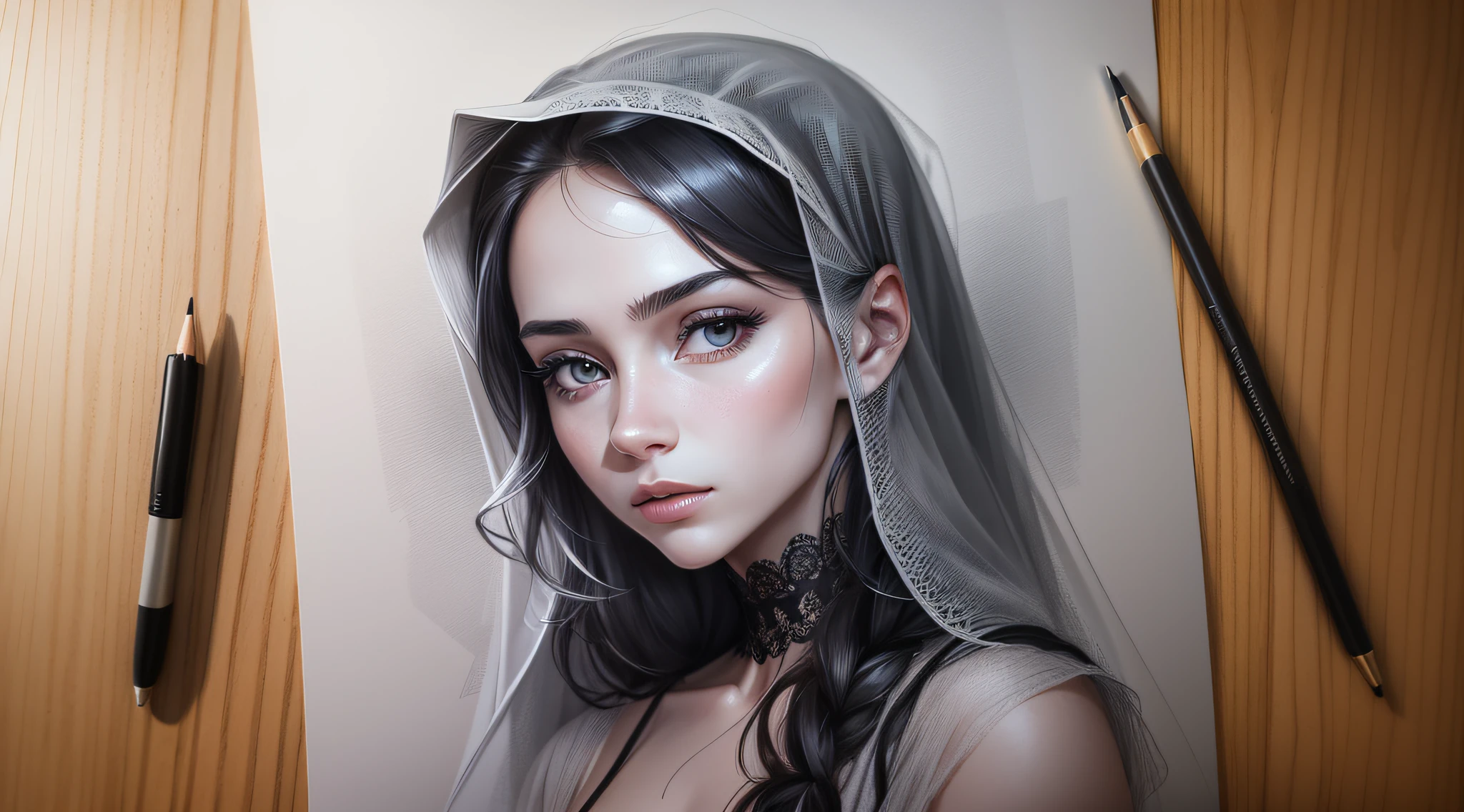 a drawing of a woman with a veil on her head, a pencil sketch, trend in CG society, hyperrealism, charcoal art, pencil drawing, pencil painting, pencil art on paper, charcoal painting, realistic sketch, pencil sketch, pencil drawing, charcoal drawing, on dark paper, realistic drawing, detailed charcoal drawing,  realistic graphite, 32k, UHD, auto correction, hyper realism --auto --s2