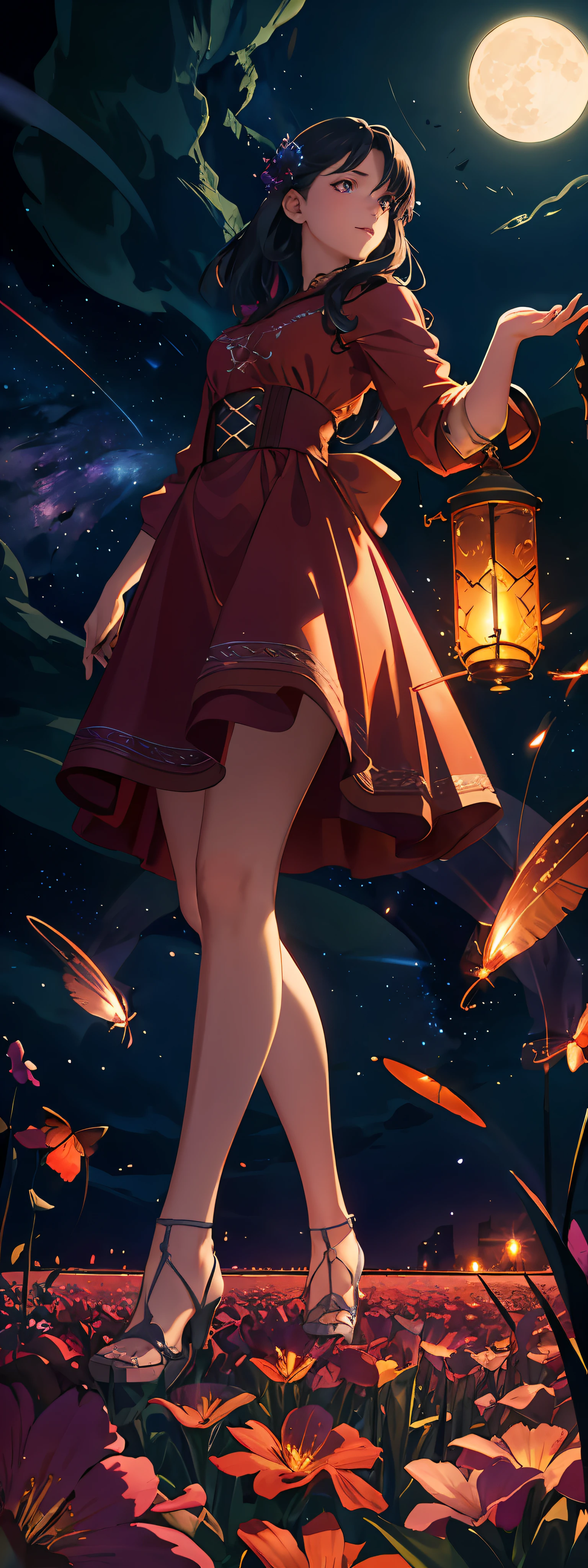 expansive landscape photograph , (a view from below that shows sky above and open field below), a girl standing on flower field looking up, (full moon:1.2), ( shooting stars:0.9), (nebula:1.3), distant mountain, tree BREAK
production art, (warm light source:1.2), (Firefly:1.2), lamp, lot of purple and orange, intricate details, volumetric lighting, realism BREAK
(masterpiece:1.2), (best quality), 4k, ultra-detailed, (dynamic composition:1.4), highly detailed, colorful details,( iridescent colors:1.2), (glowing lighting, atmospheric lighting), dreamy, magical, (solo:1.2)