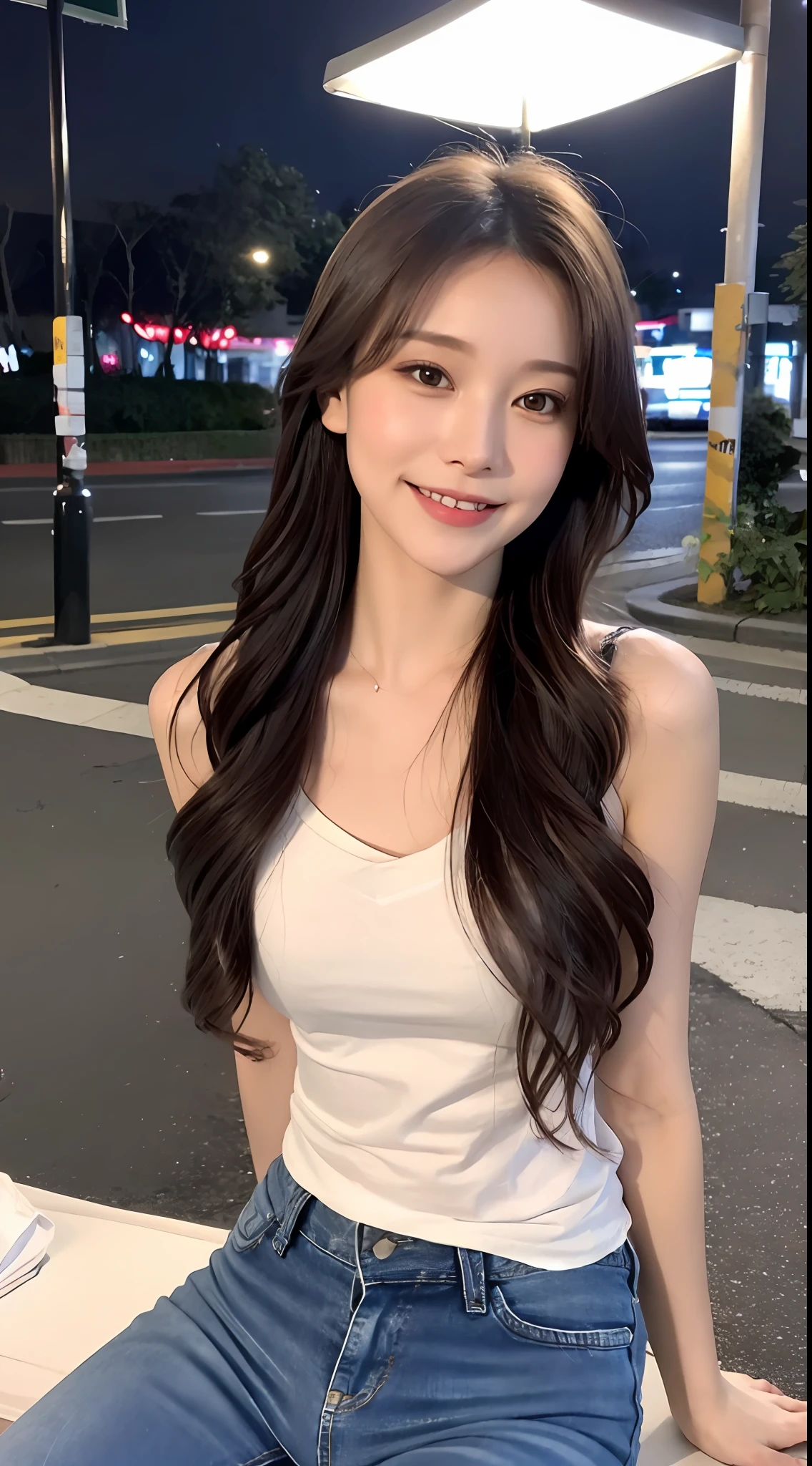 Perfectly beautiful, delicate and cute, alone, night view, light spot, long exposure, under street lamp, sitting, (smile: 1.1), toned body, glowing skin, beautiful eyes, T-shirt, (jeans: 1.2), smile, blush, (long hair: 1.2), floating hair, perfect makeup, delicate collarbone, bow, cute sleeveless,