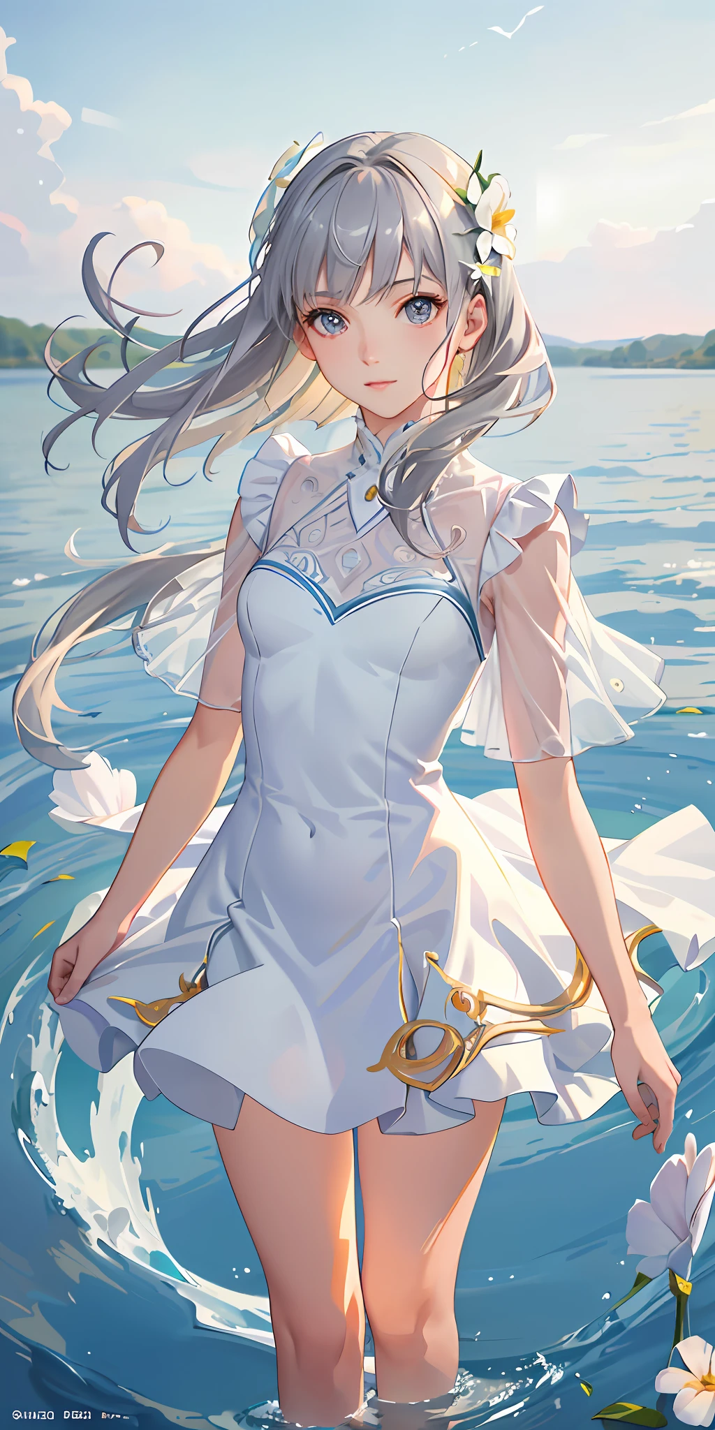 Top quality, high quality texture, fine-grained, realistic expression of face, detailed skin, anime, girl, gentle eyes, sexy, mix, model, illustration, portrait, knee up, ws, semi-real, princess, dress, white dress, fair skin, wind flower, meadow, water lake, sun, light, (small breasts), gray hair