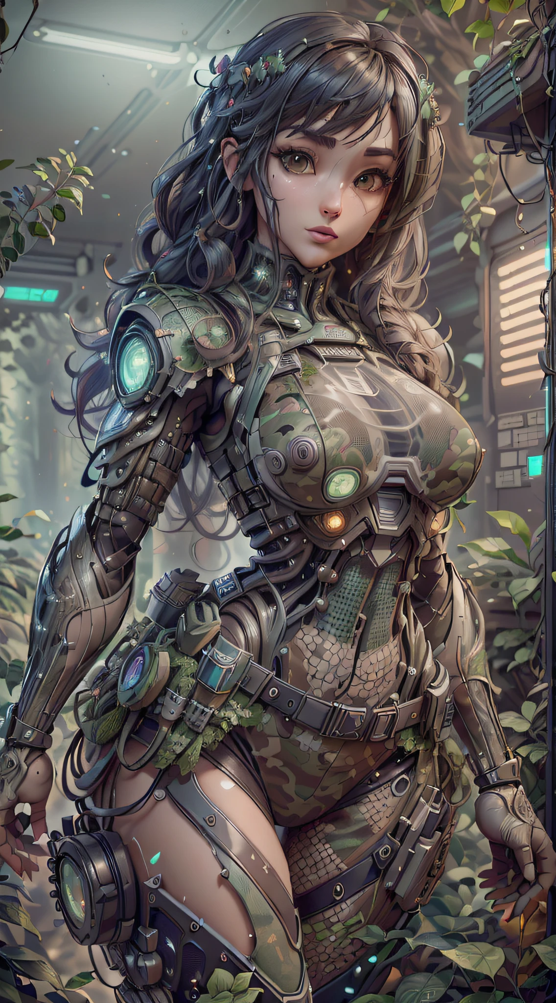 ((Best quality)), ((masterpiece)), (highly detailed:1.3), 3D, beautiful (cyberpunk:1.2) special forces, robort,female with thick voluminous hair wearing (wearing camouflage_uniform:1.1), body armour,cape,digital (camouflage:1.3),HDR (High Dynamic Range),Ray Tracing,NVIDIA RTX,Super-Resolution,Unreal 5,Subsurface scattering,PBR Texturing,Post-processing,Anisotropic Filtering,Depth-of-field,Maximum clarity and sharpness,Multi-layered textures,Albedo and Specular maps,Surface shading,Accurate simulation of light-material interaction,Perfect proportions,Octane Render,Two-tone lighting,Wide aperture,Low ISO,White balance,Rule of thirds,8K RAW,Efficient Sub-Pixel,sub-pixel convolution