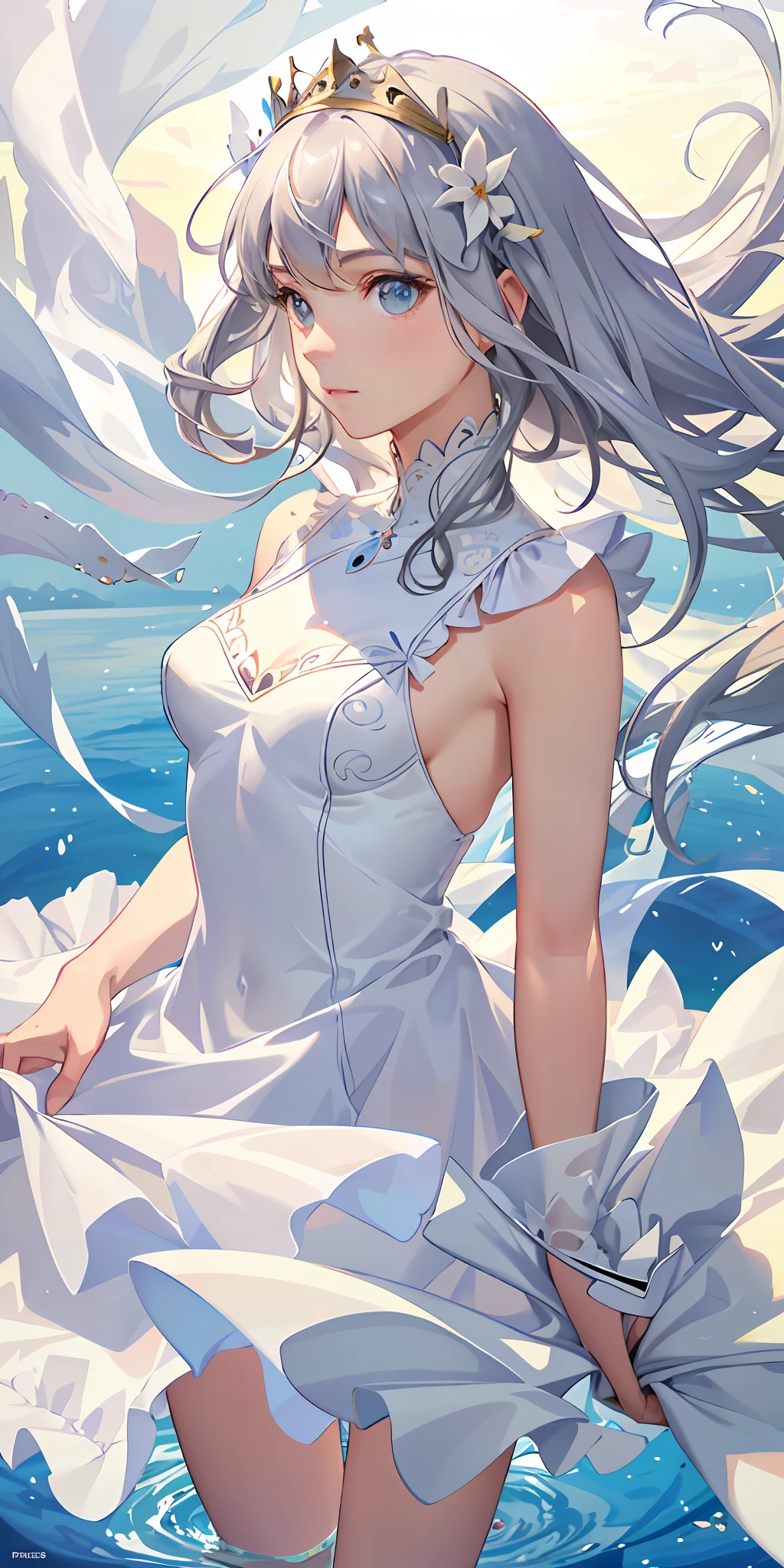 Top quality, high quality texture, fine-grained, realistic expression of face, detailed skin, anime, girl, gentle eyes, sexy, mix, model, illustration, portrait, knee up, ws, semi-real, princess, dress, white dress, fair skin, wind flower, meadow, water lake, sun, light, (small breasts), gray hair