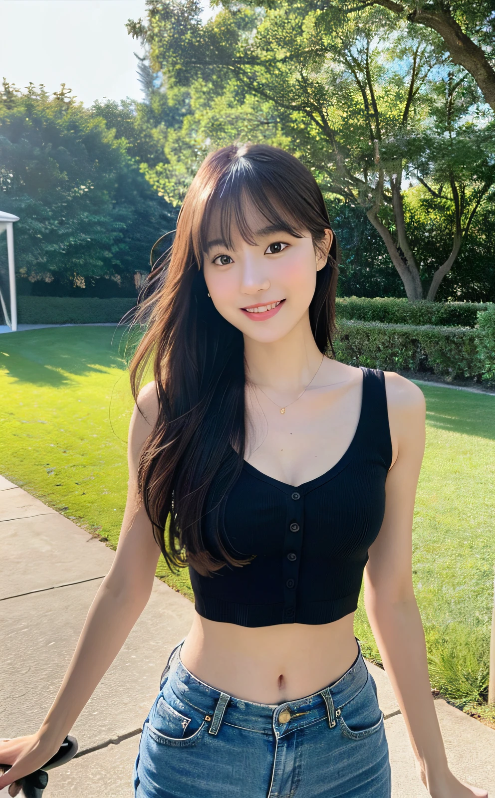 (8k, RAW photo, top quality, masterpiece: 1.2), (realistic, photorealistic: 1.37), ultra detail, ultra high resolution, pio apple, one girl, (smile: 1.2), beautiful detailed eyes, floating hair, bangs, skin texture, narrow waist, slim waist, (curve: 0.4), belly buttons, legs, movie lighting, professional lighting, light face, park, with dog, walking, sideways